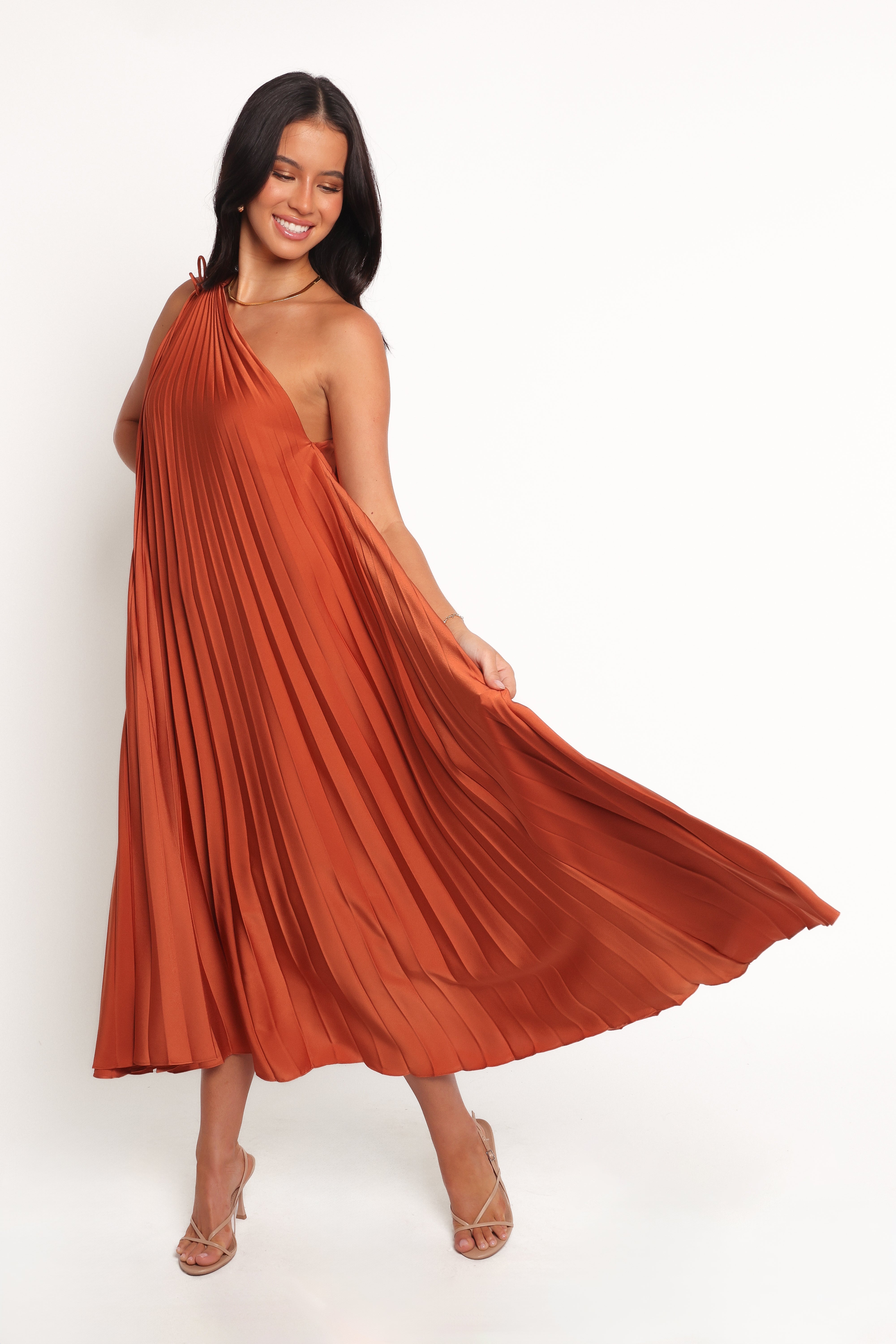 Selena One Shoulder Midi Dress - Russet Bronze