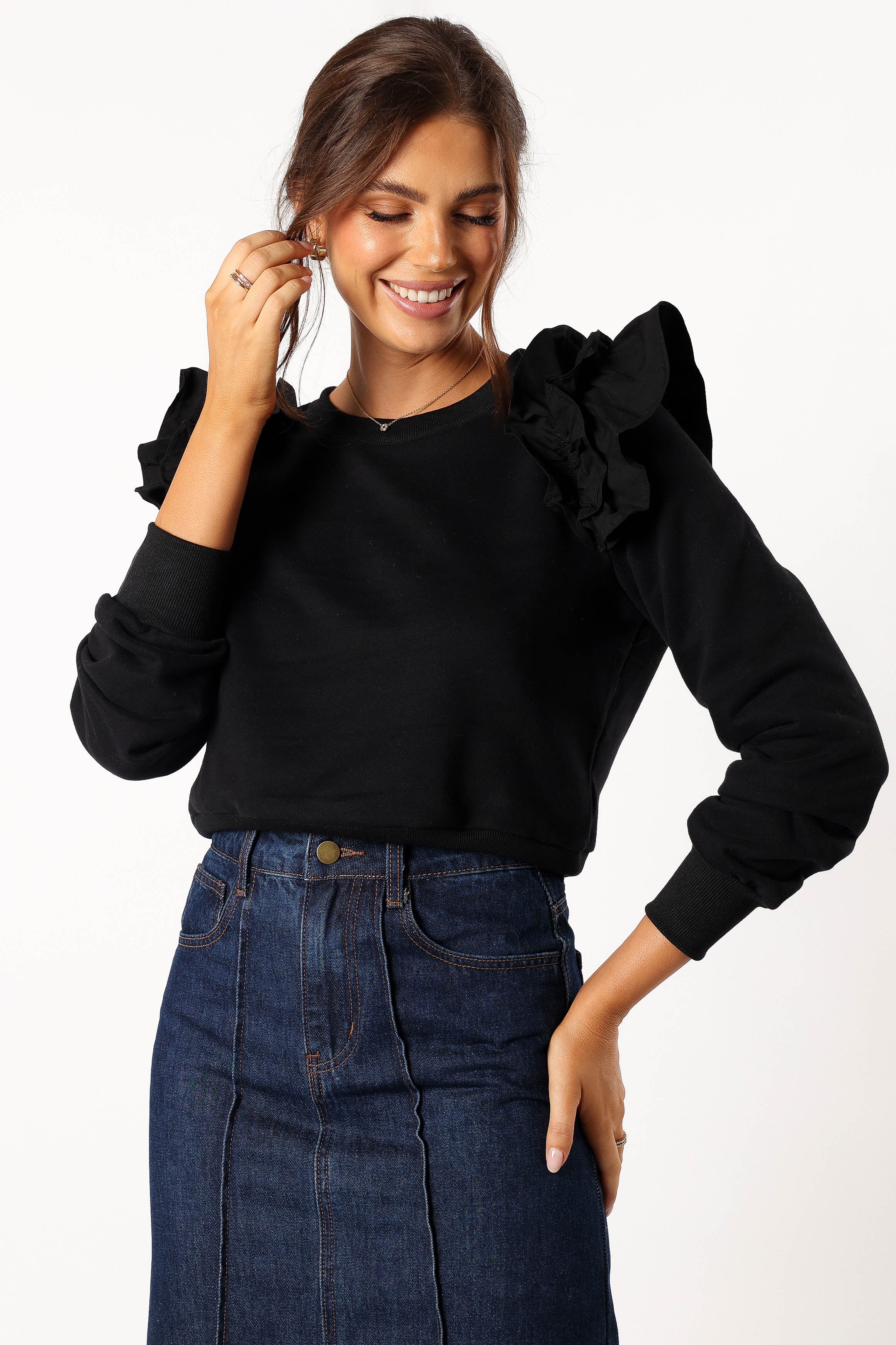 Cora Ruffle Sleeve Sweatshirt - Black