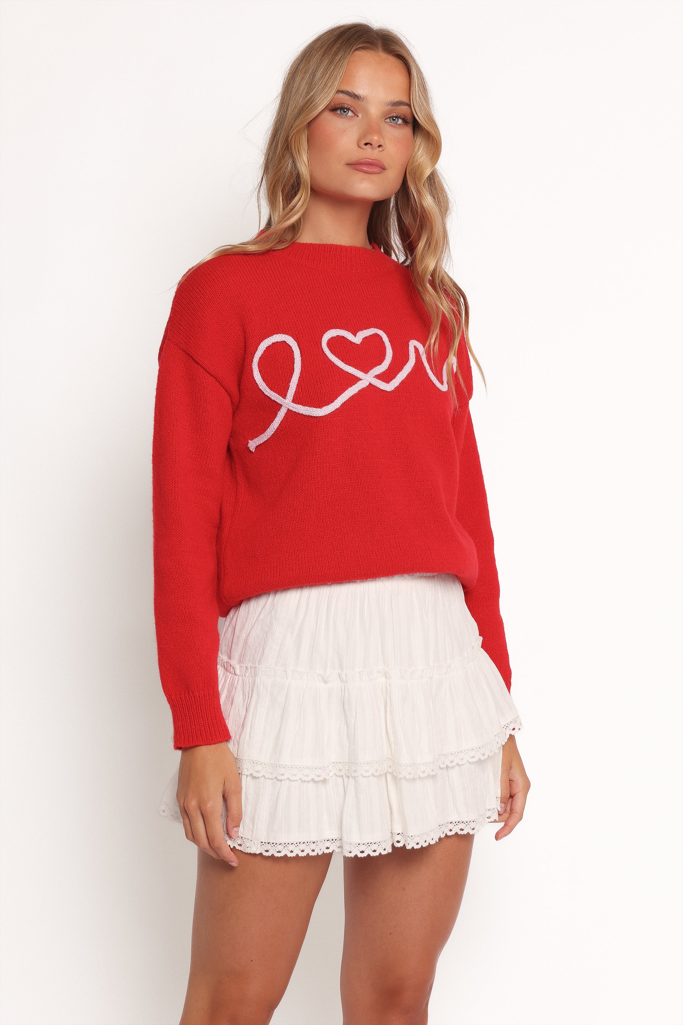 Love Embroidered Knit Sweater - Red