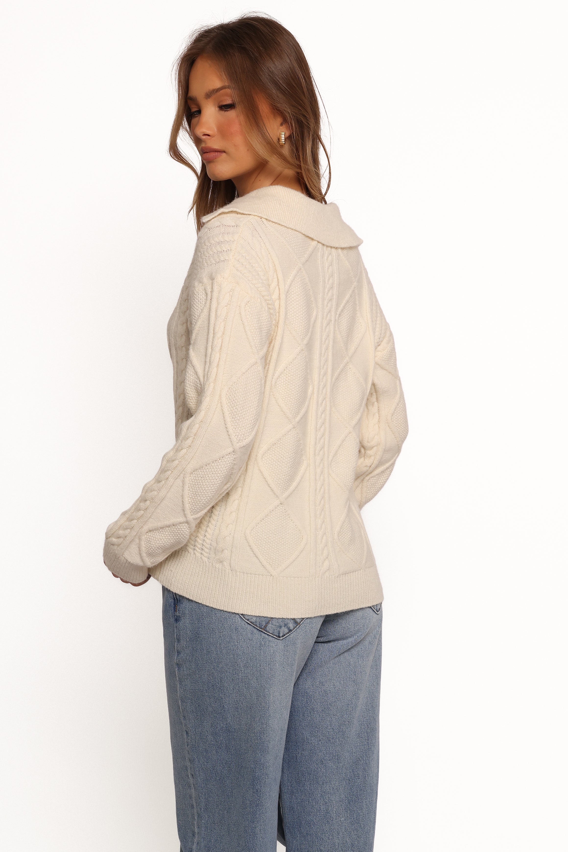 Robbie Collar Neck Cable Knit Sweater - Cream