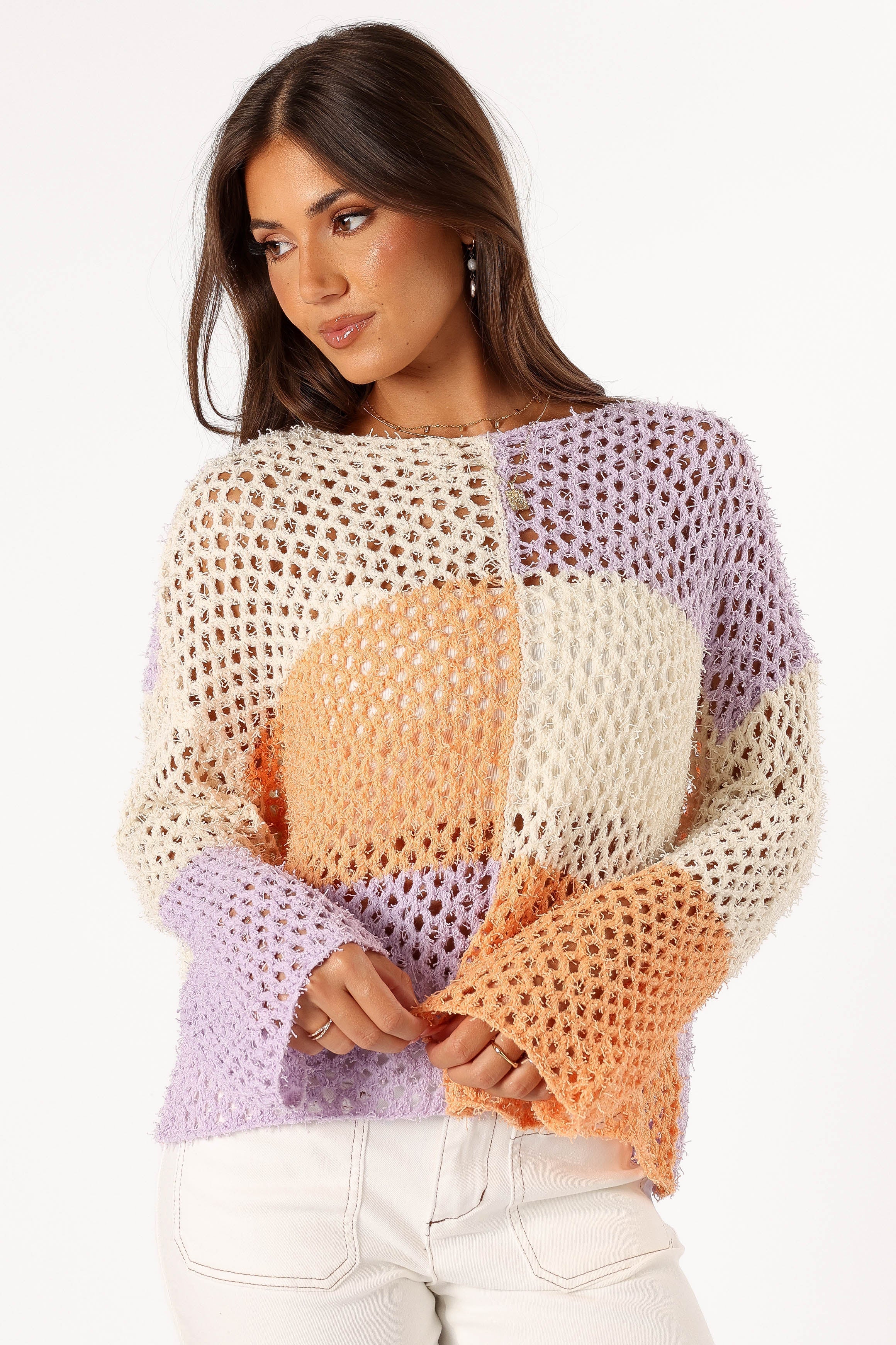 Dawn Color Block Knit Sweater - Cream Lavender