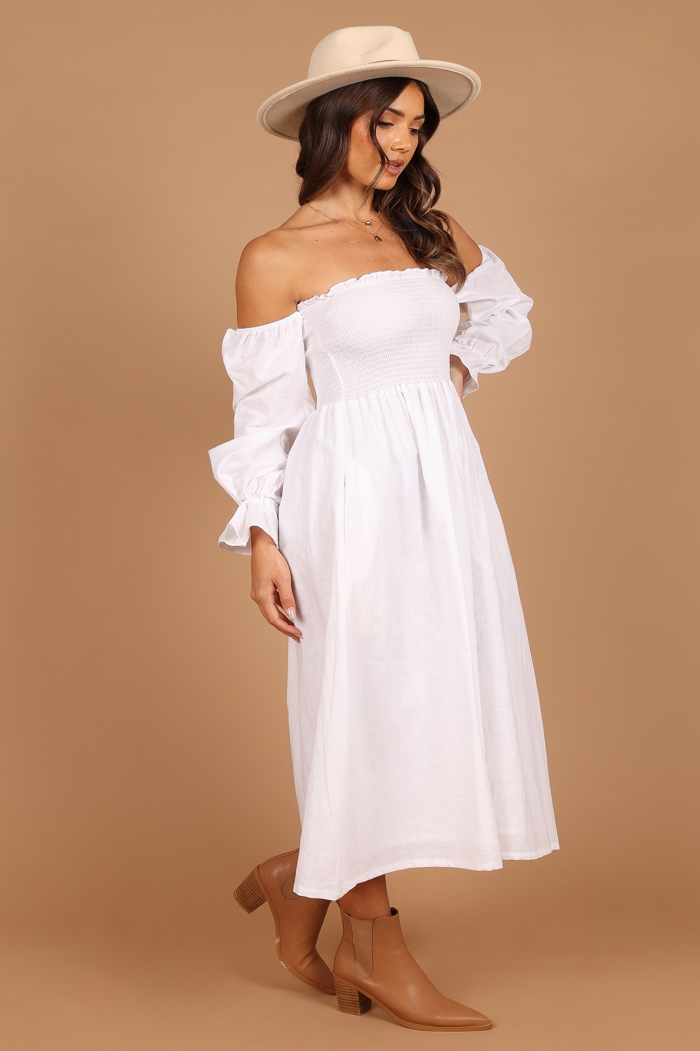 Domenica Shirred Long Sleeve Midi Dress - White