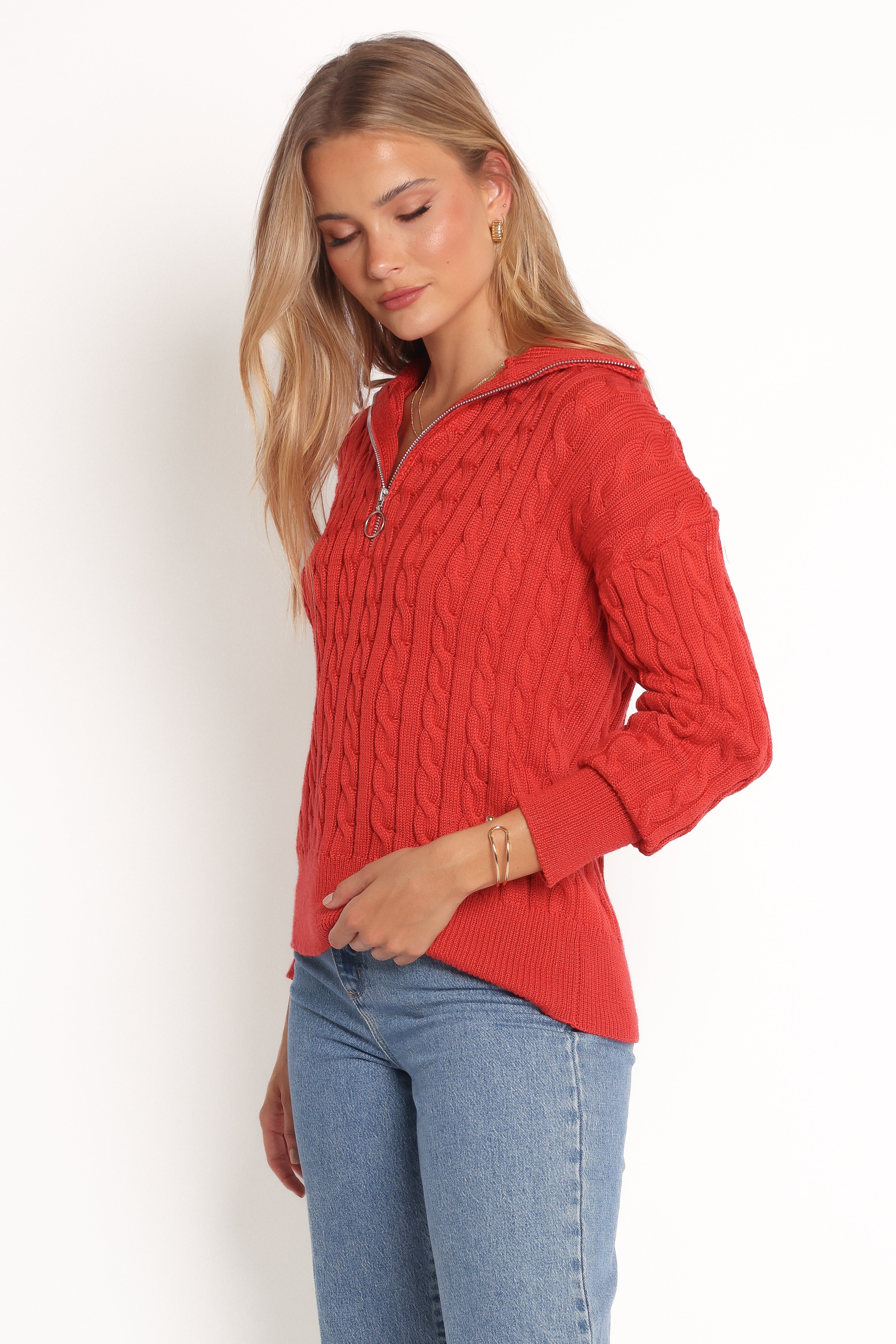 Frida Quarter Zip Knit Sweater - Red