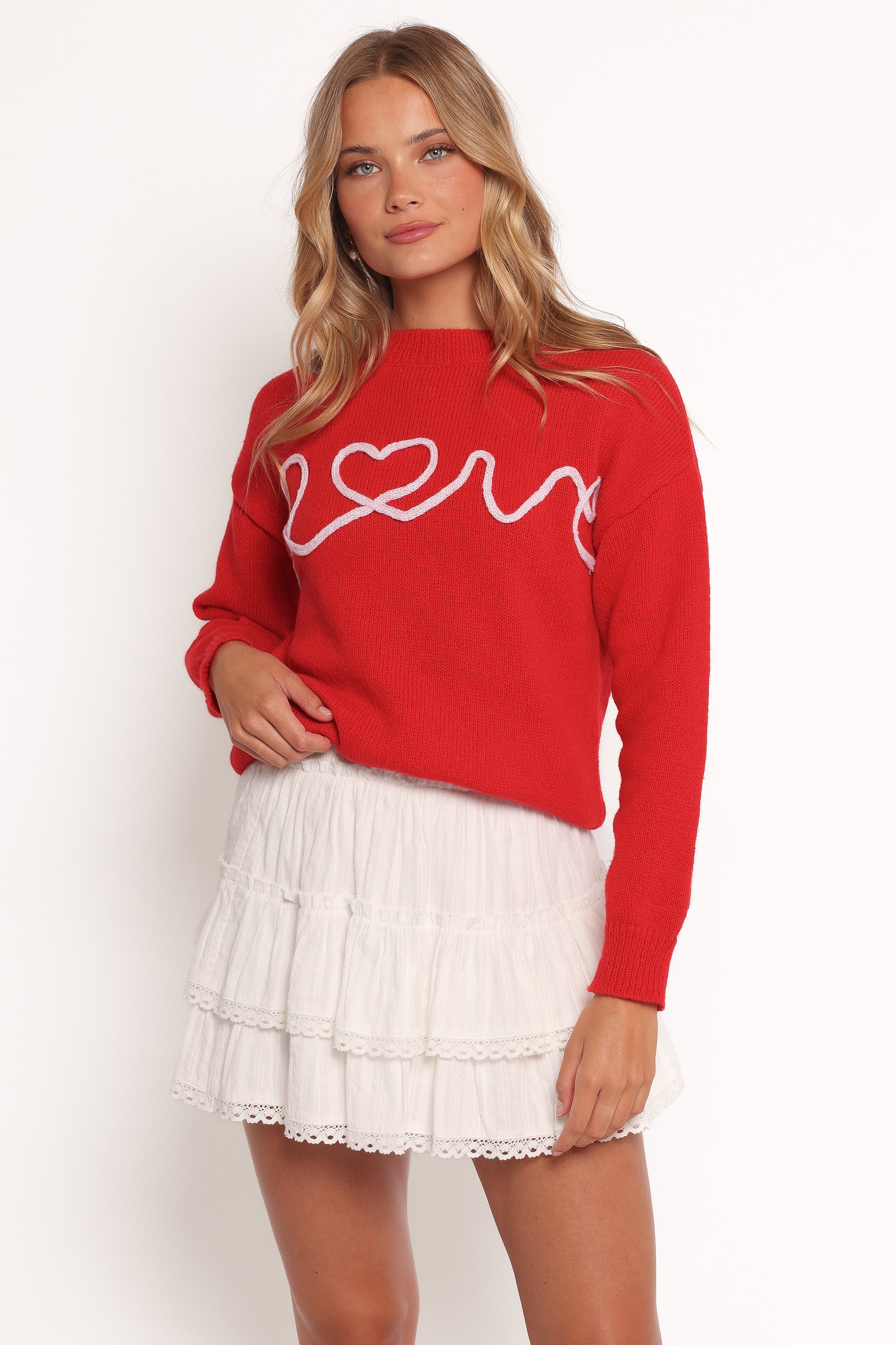 Love Embroidered Knit Sweater - Red