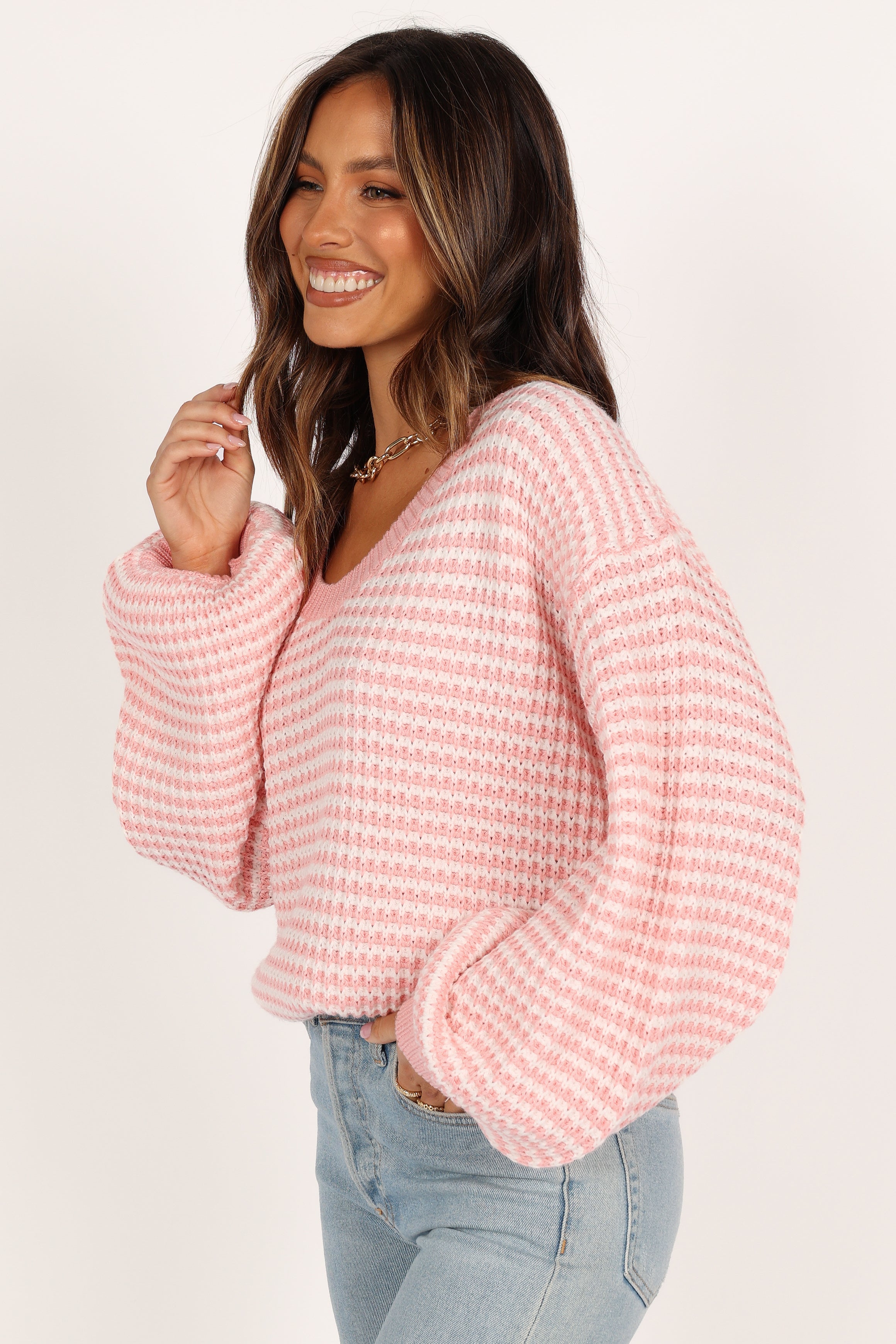 Becca Crewneck Waffle Stitch Stripe Knit Sweater - Pink