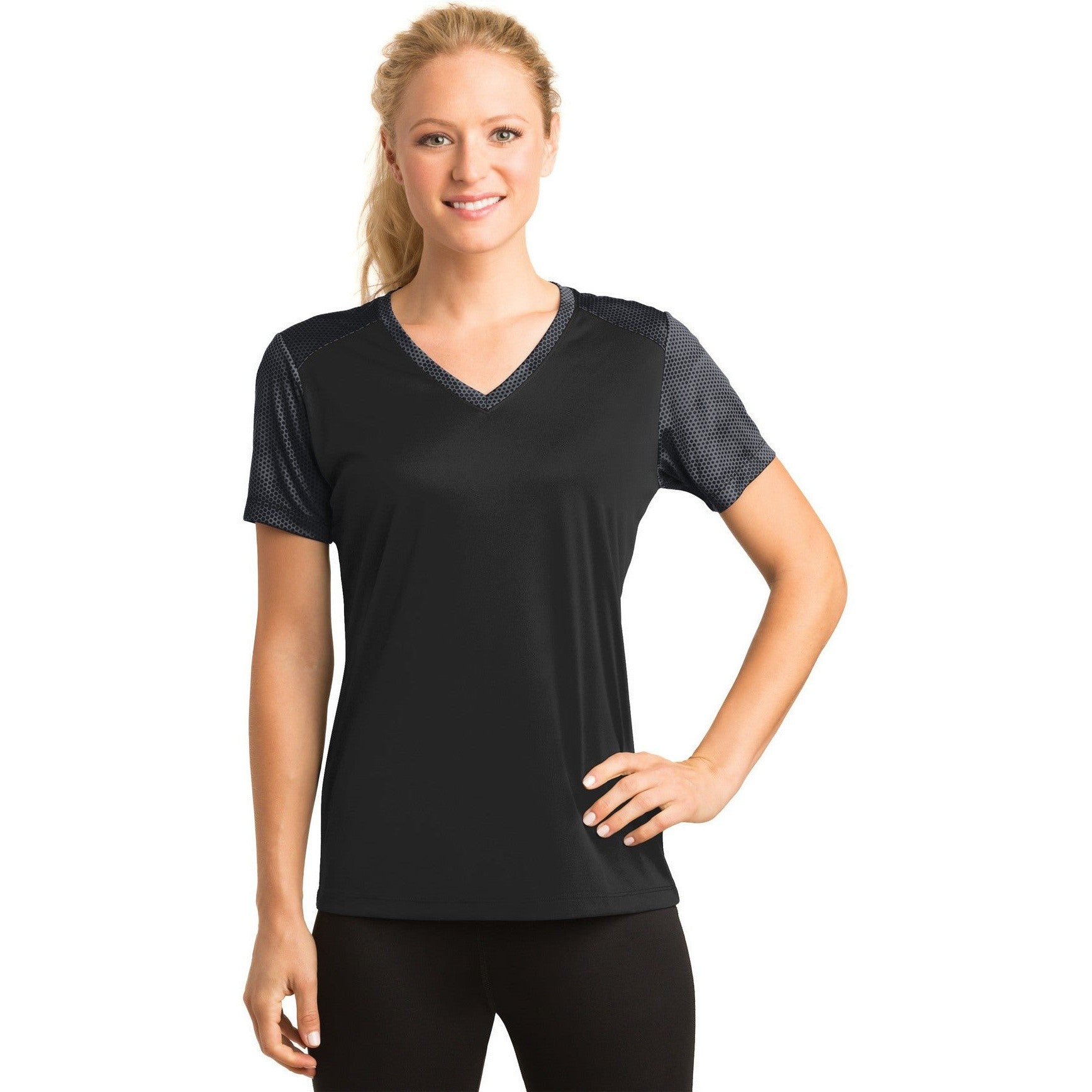 CLOSEOUT - Sport-Tek Ladies CamoHex Colorblock V-Neck Tee