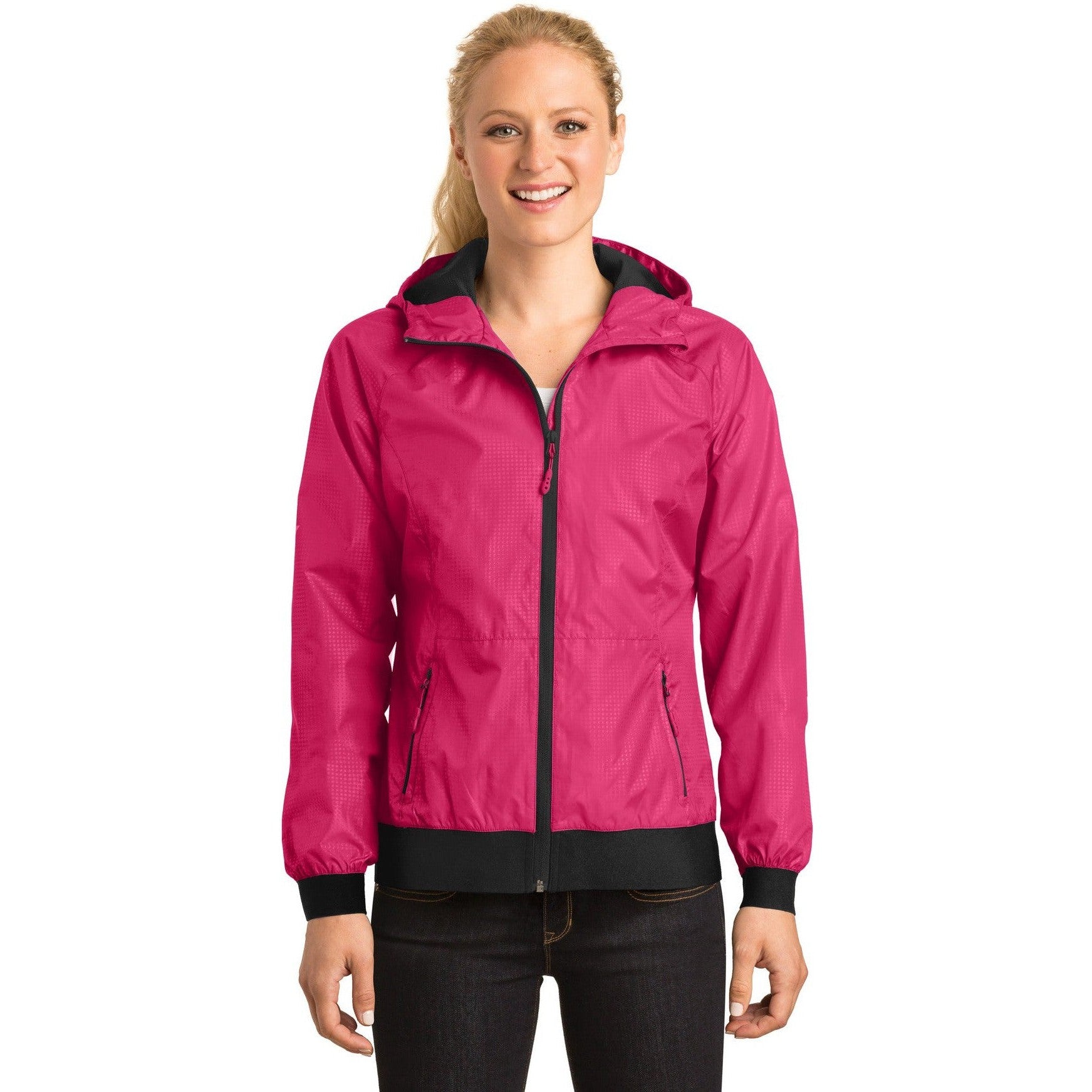 CLOSEOUT - Sport-Tek Ladies Embossed Hooded Wind Jacket