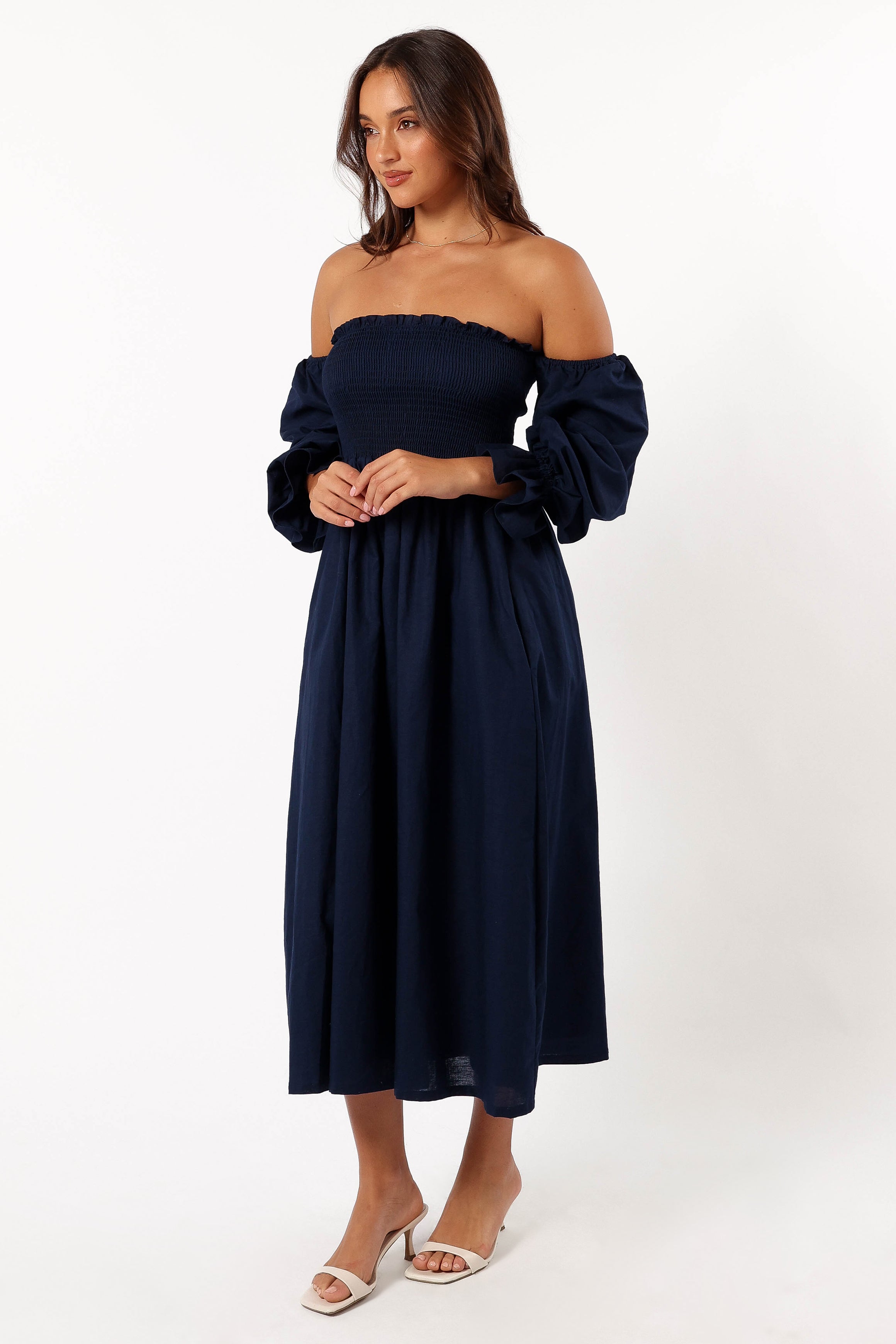 Domenica Shirred Long Sleeve Dress - Navy