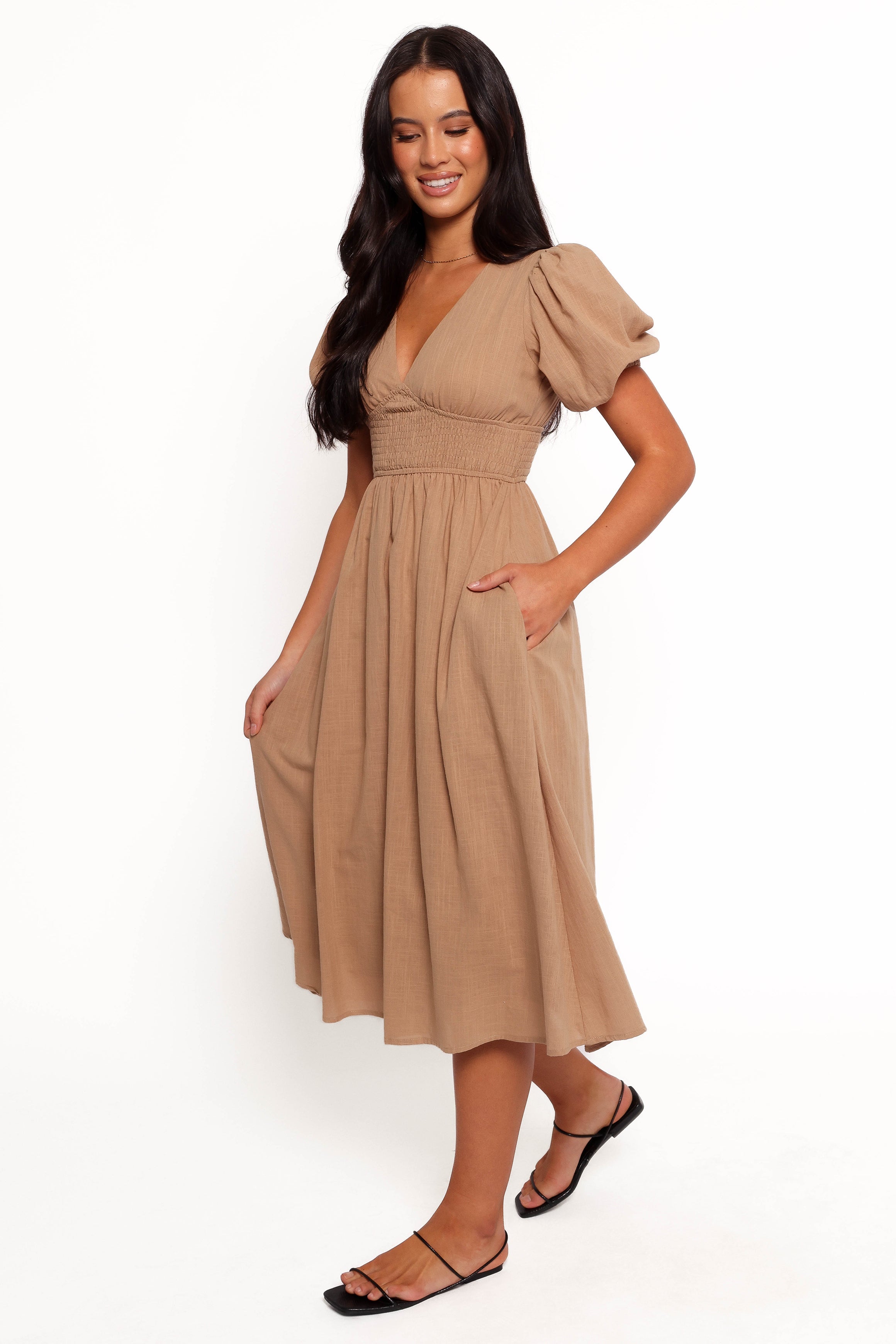 Ronnie Short Sleeve Midi Dress - Tan