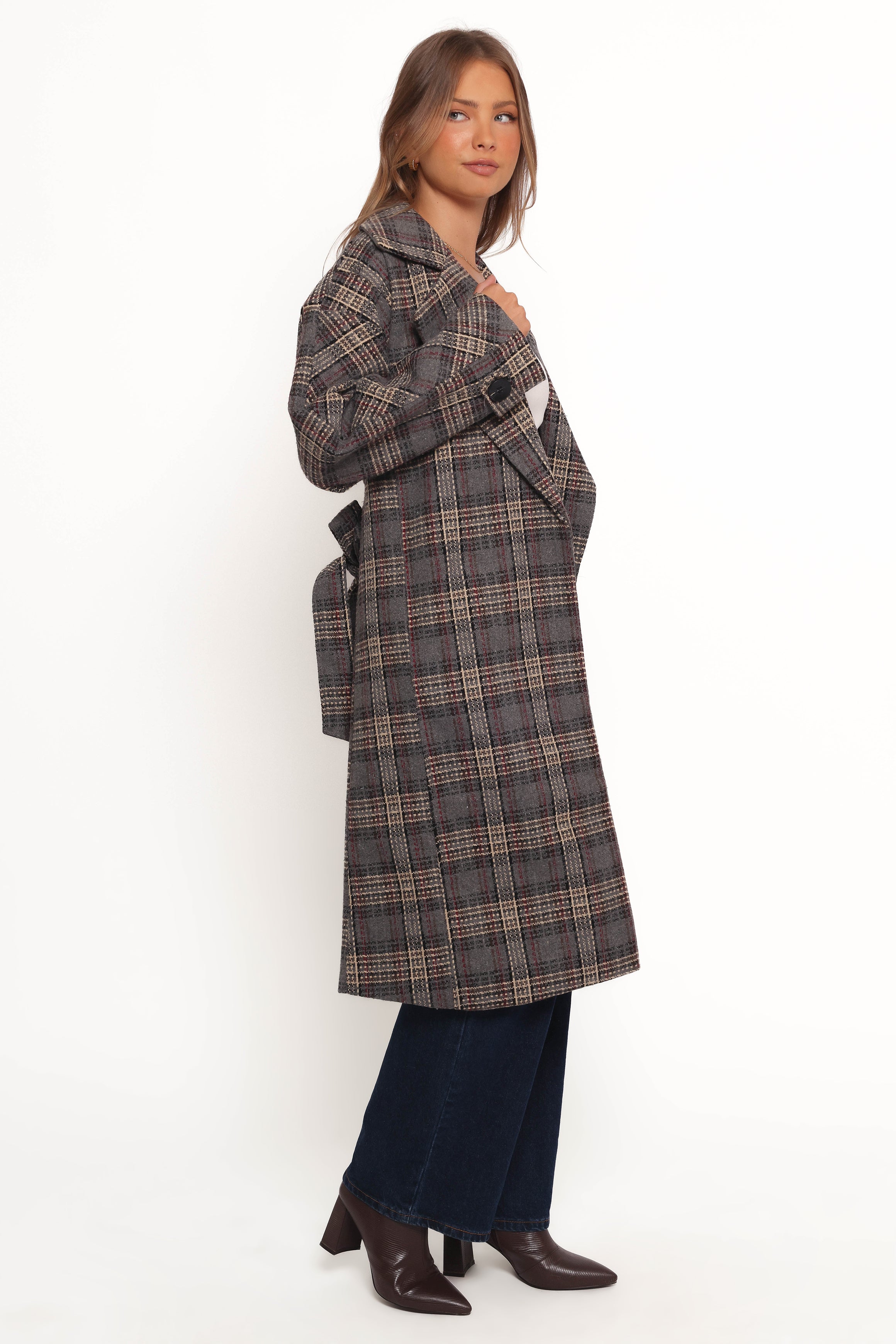 Torie Waist Tie Long Coat - Grey Check