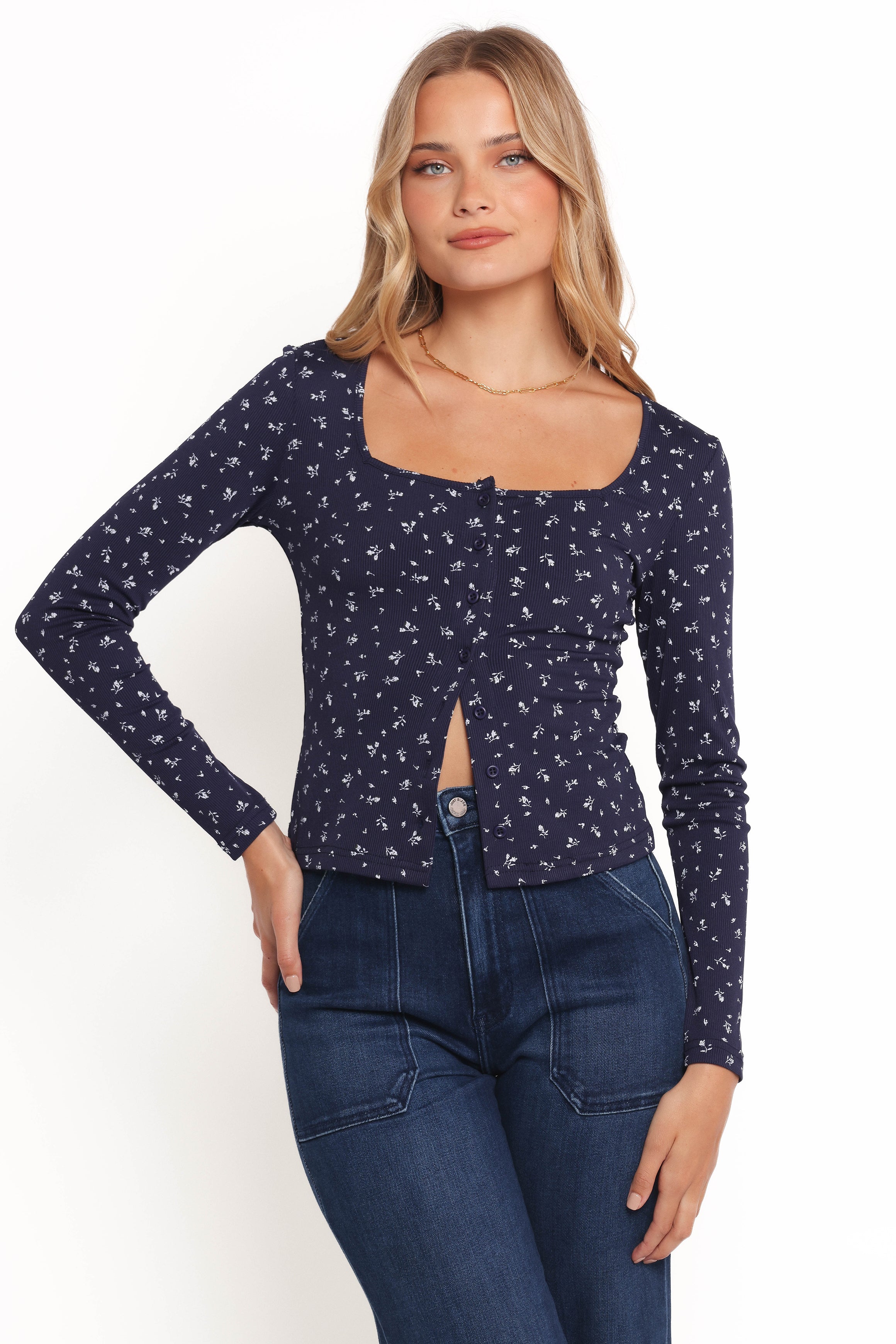 Keanu Long Sleeve Top - Navy Ditsy