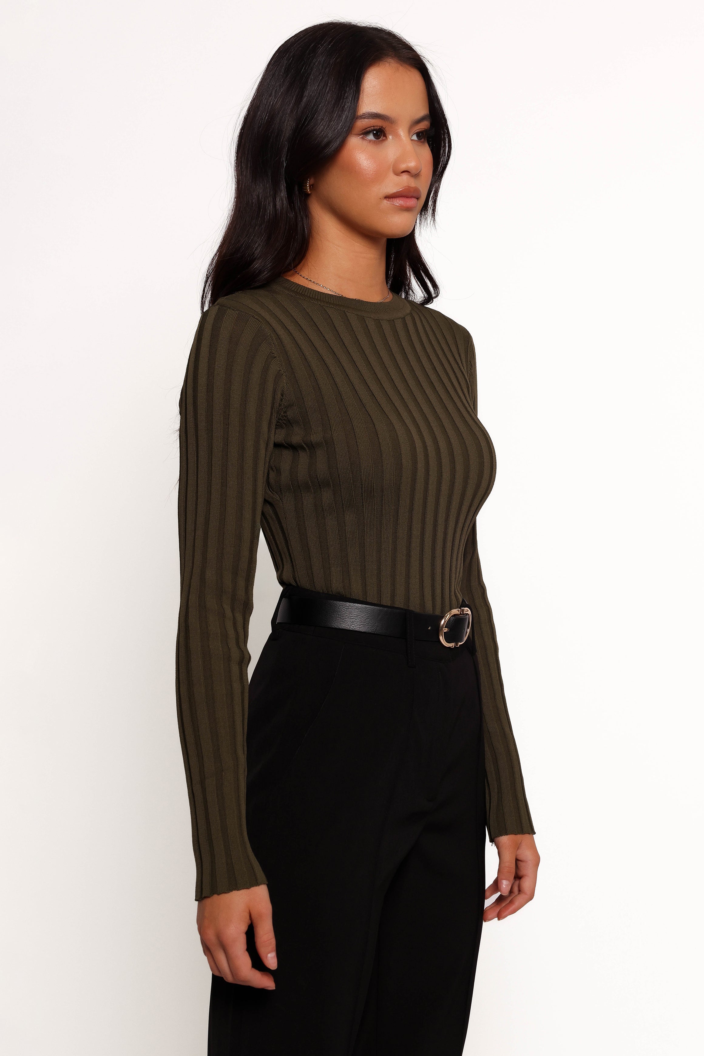 Aneesa Wide Rib Knit Top - Dark Olive