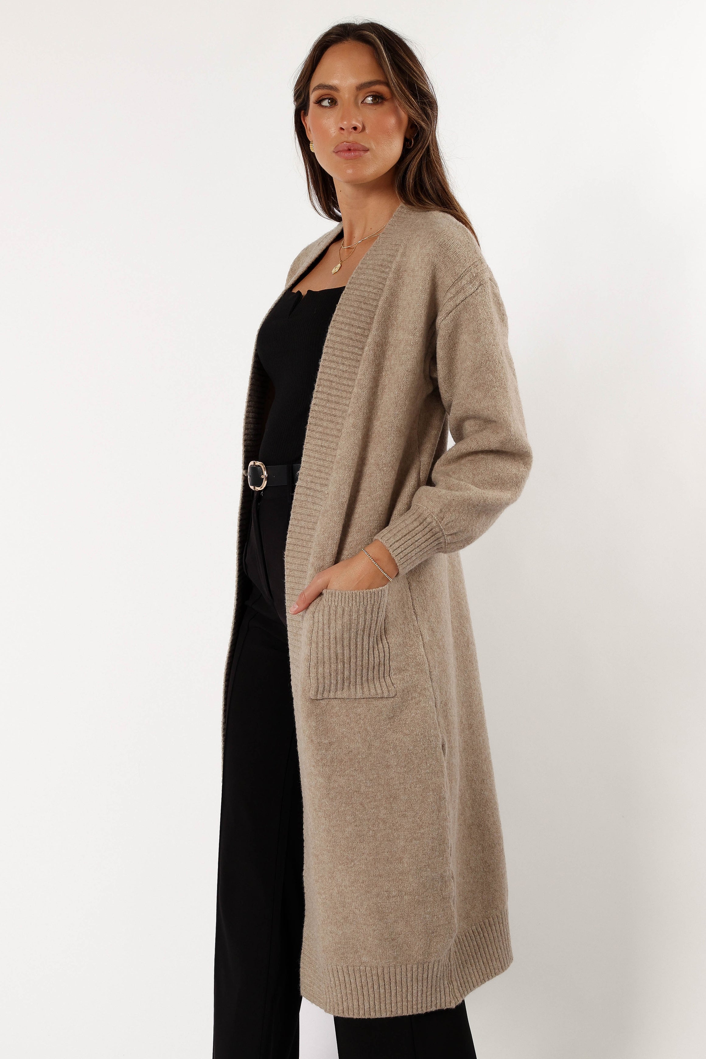 Nicolette Open Front Long Cardigan - Latte