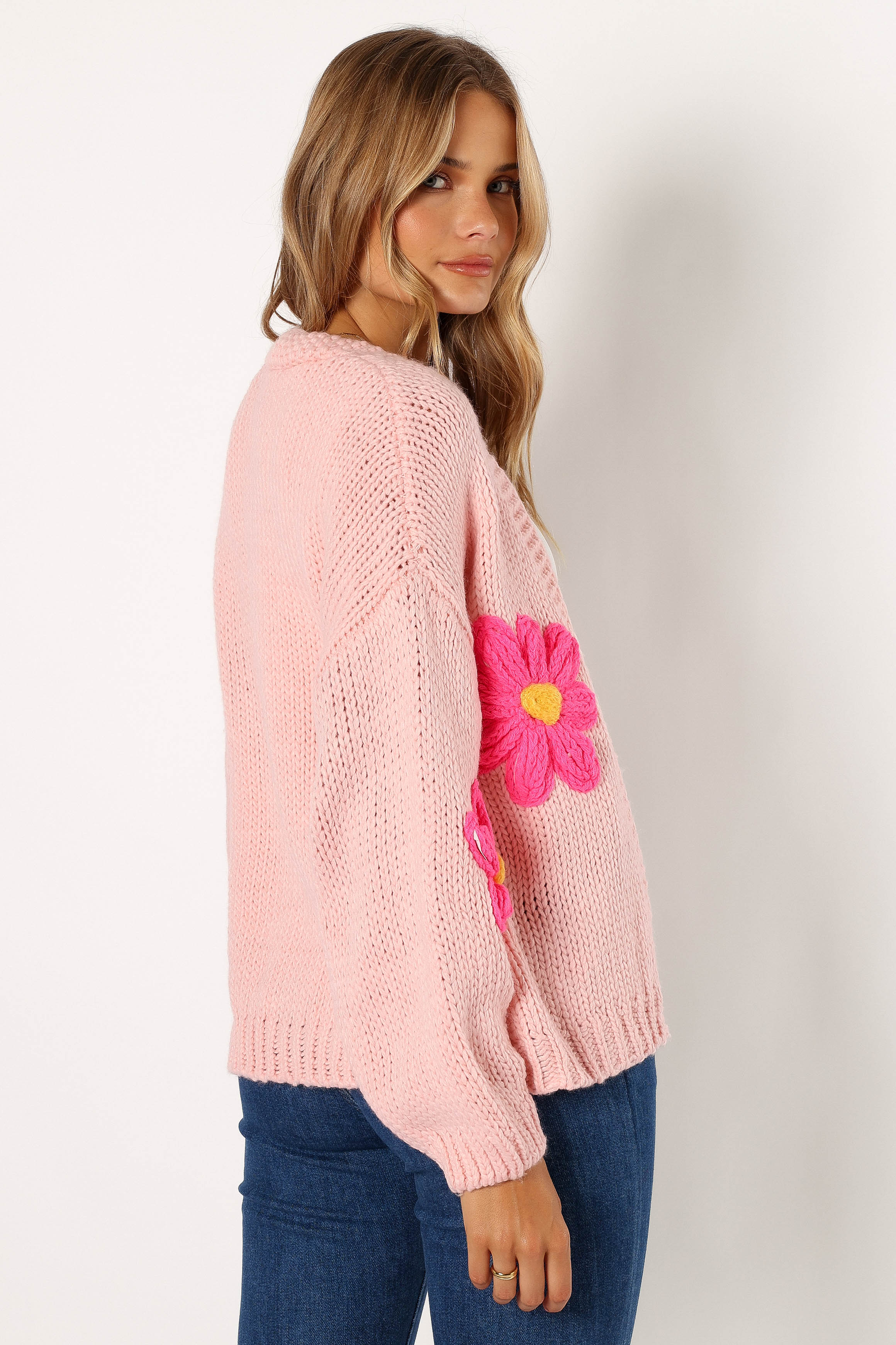 Clementine Flower Embroidered Open Front Cardigan - Pink