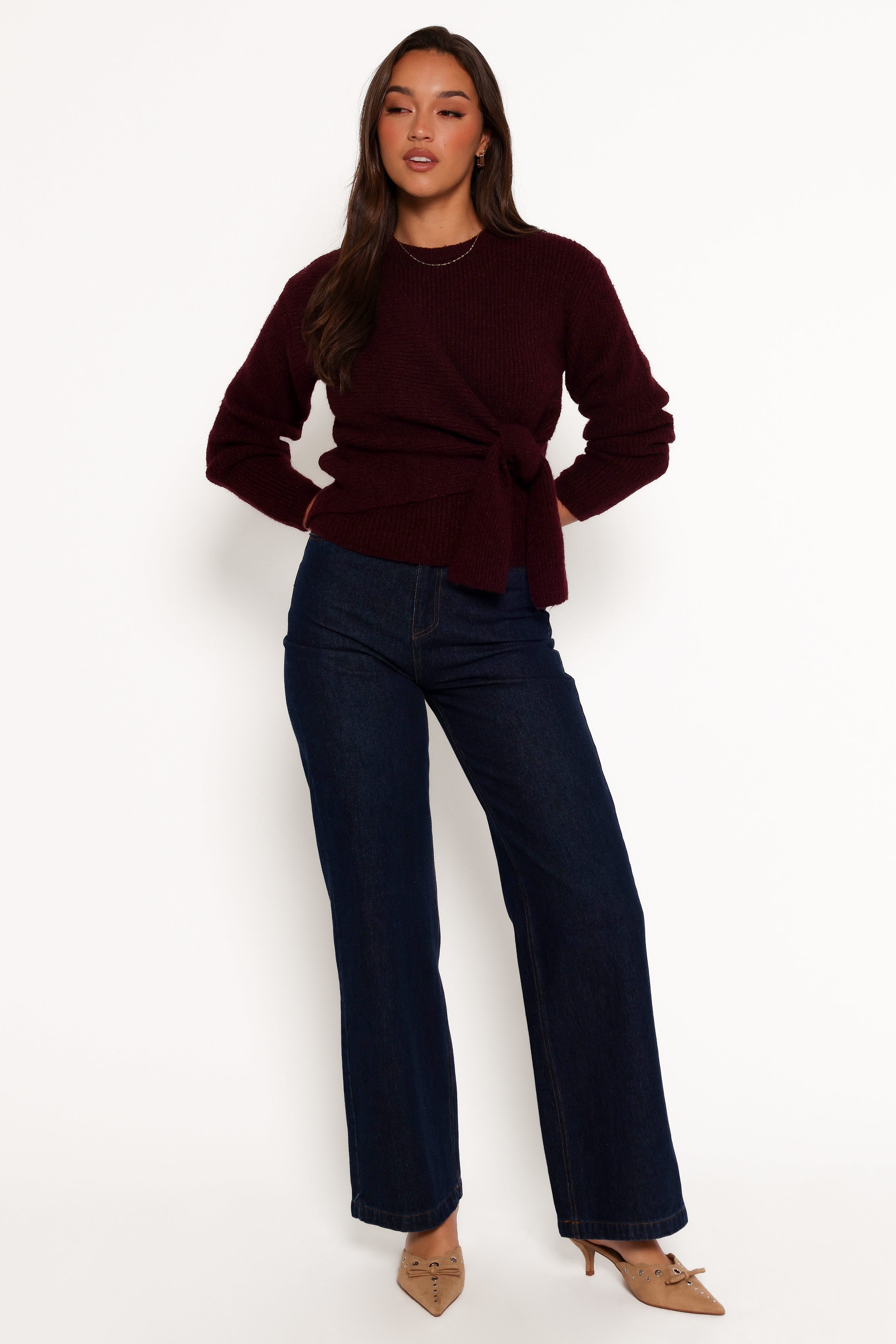 Ettie Wrap Side Tie Knit Sweater - Burgundy