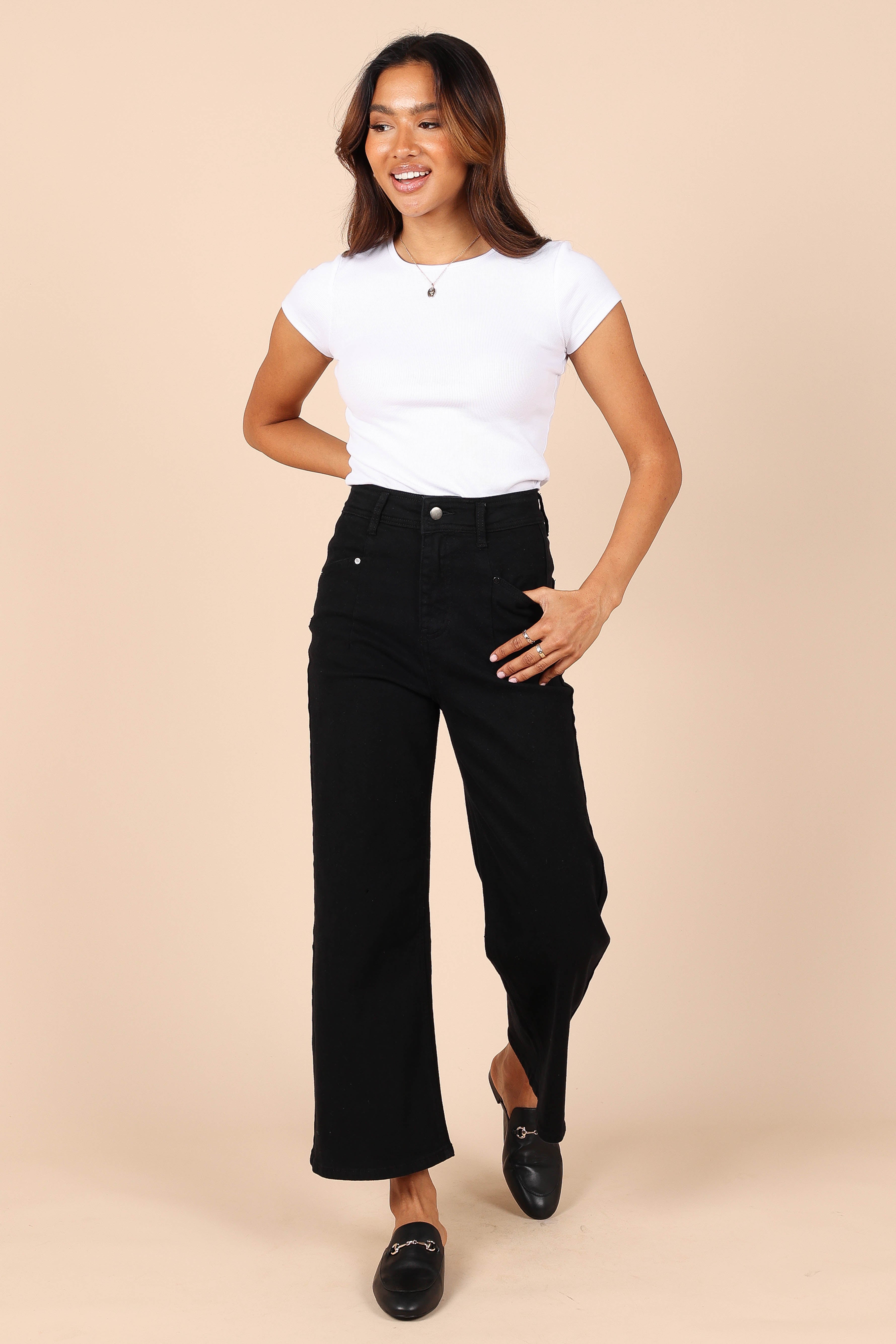 Georgette High Waisted Straight Leg Pants - Black