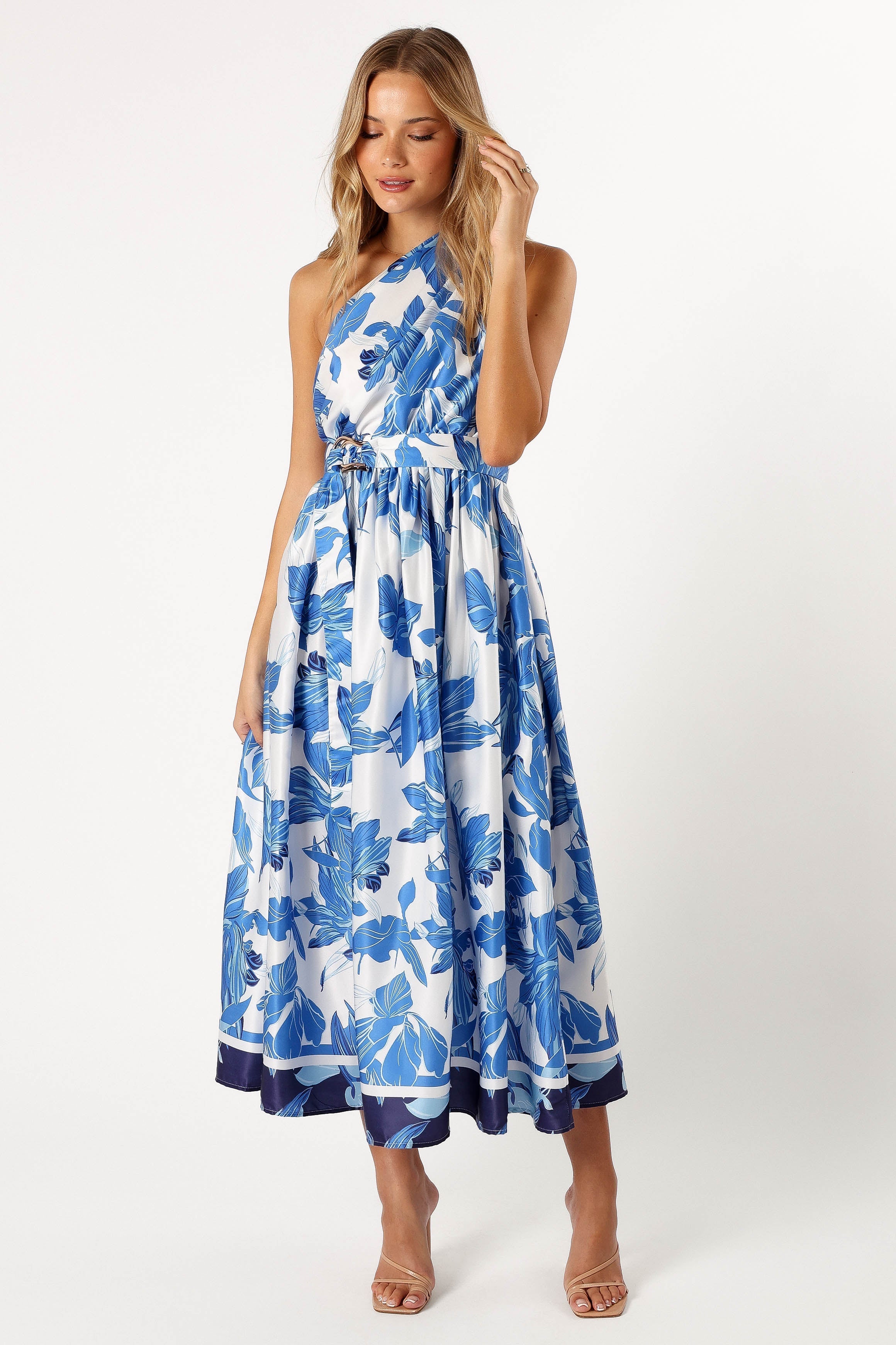 Naomi One Shoulder Midi Dress - Blue Floral