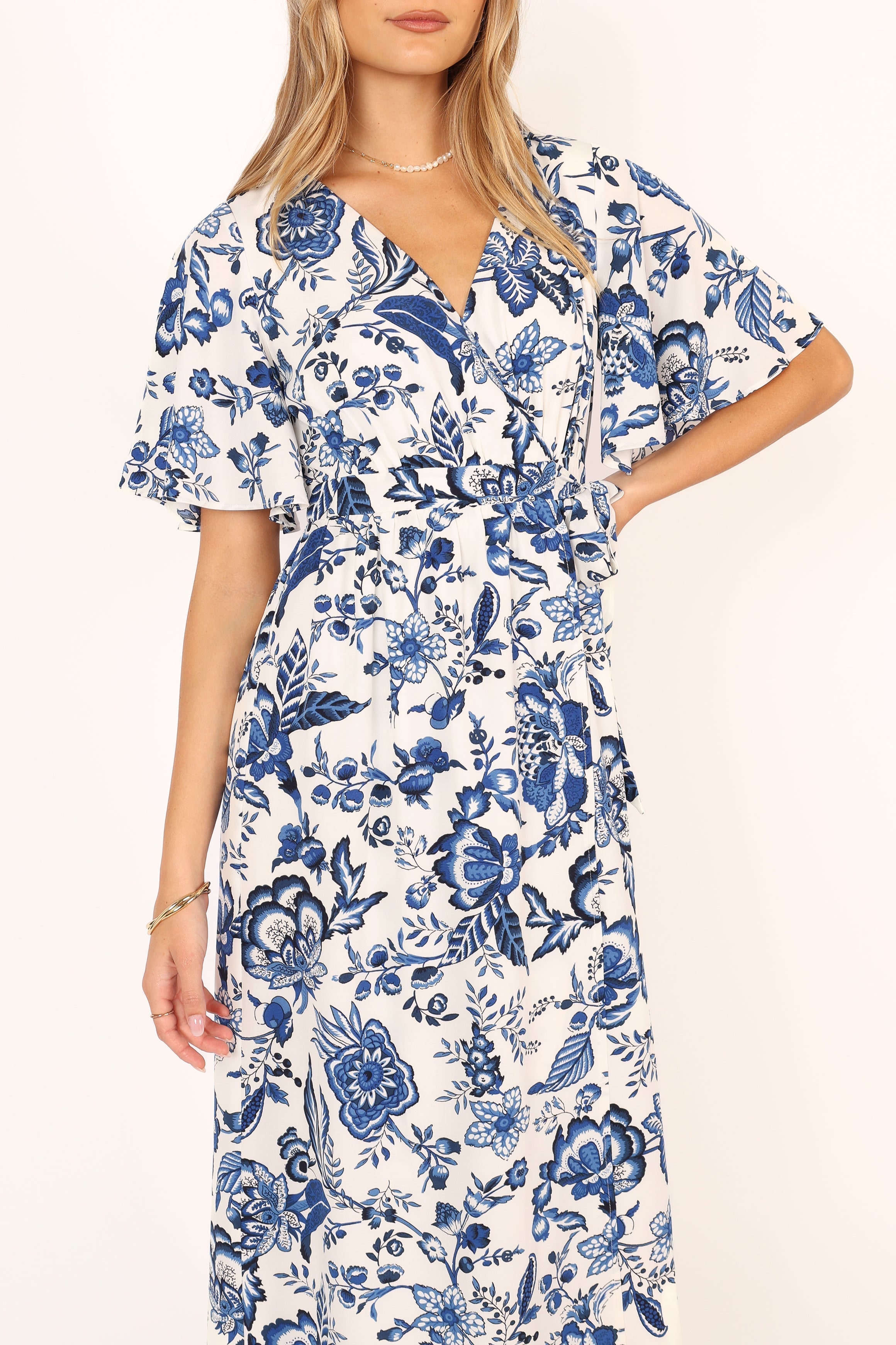 Kaleen Midi Wrap Dress - White Blue