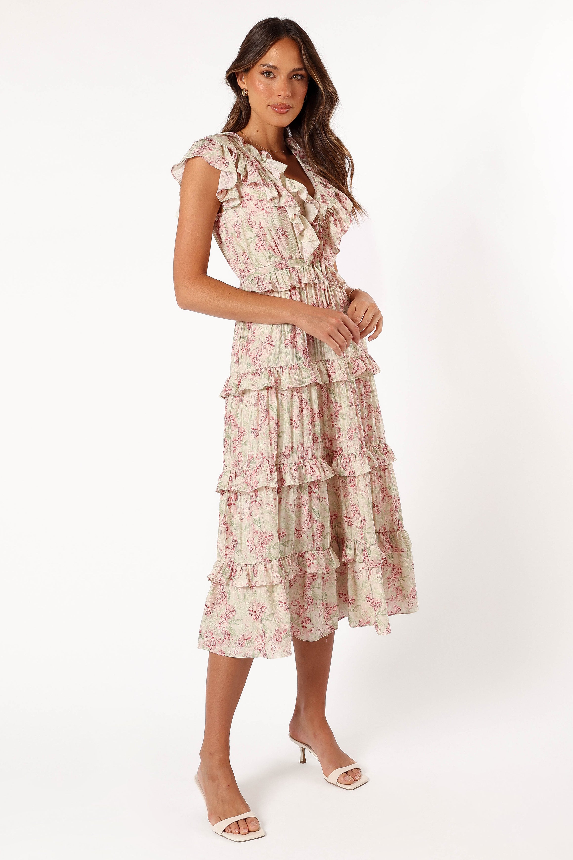 Levelle Midi Ruffle Dress - Ivory/Red Green Floral