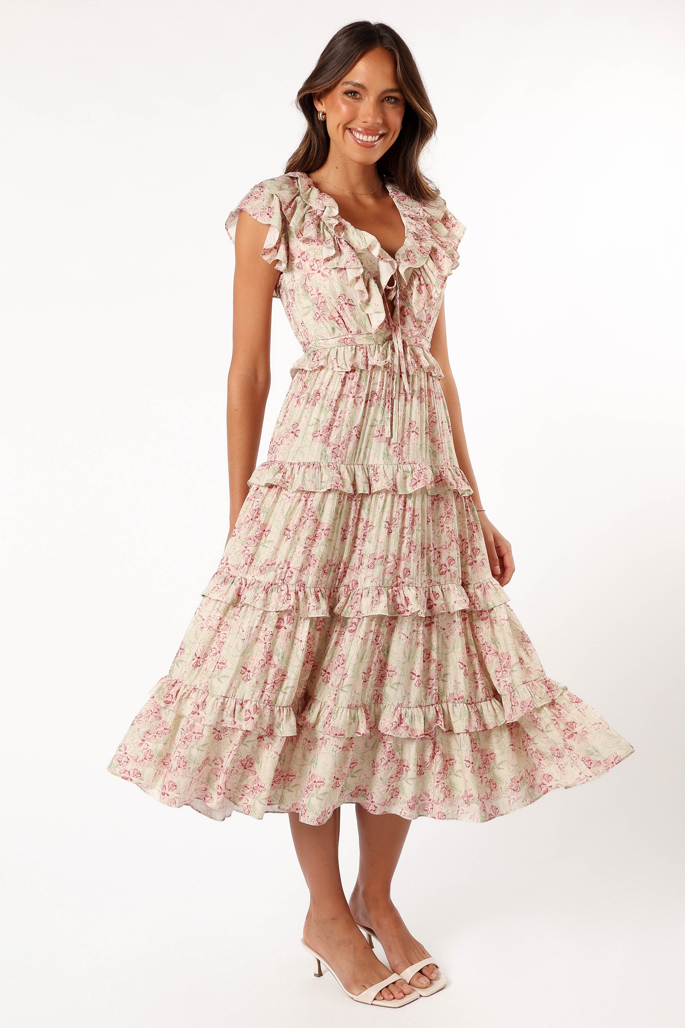 Levelle Midi Ruffle Dress - Ivory/Red Green Floral