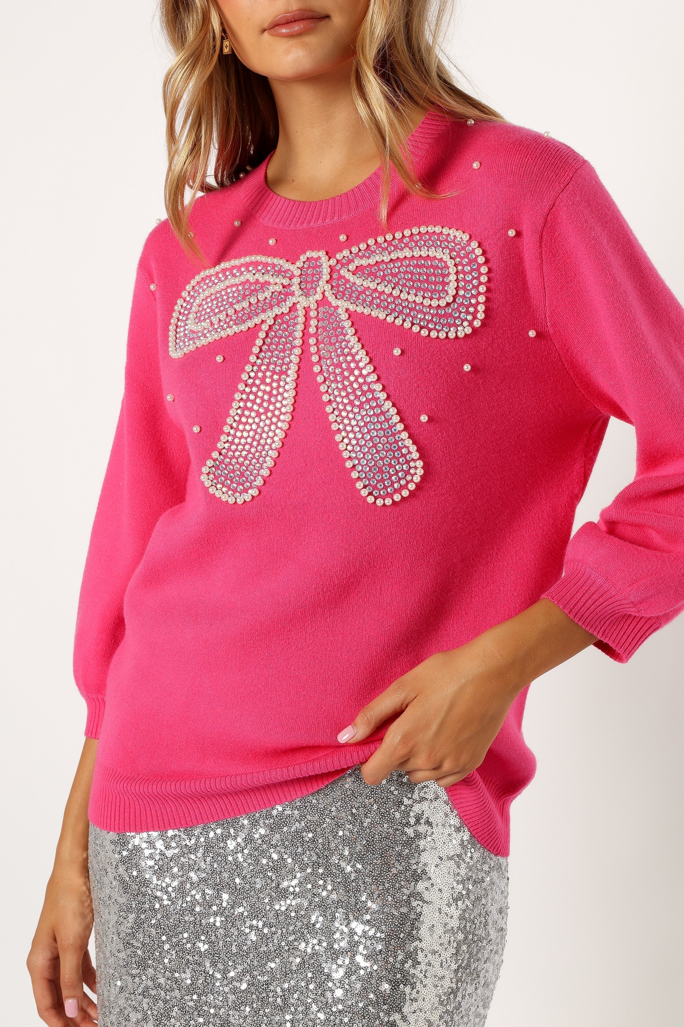 June Embellished Bow Knit Sweater - Hot Pink