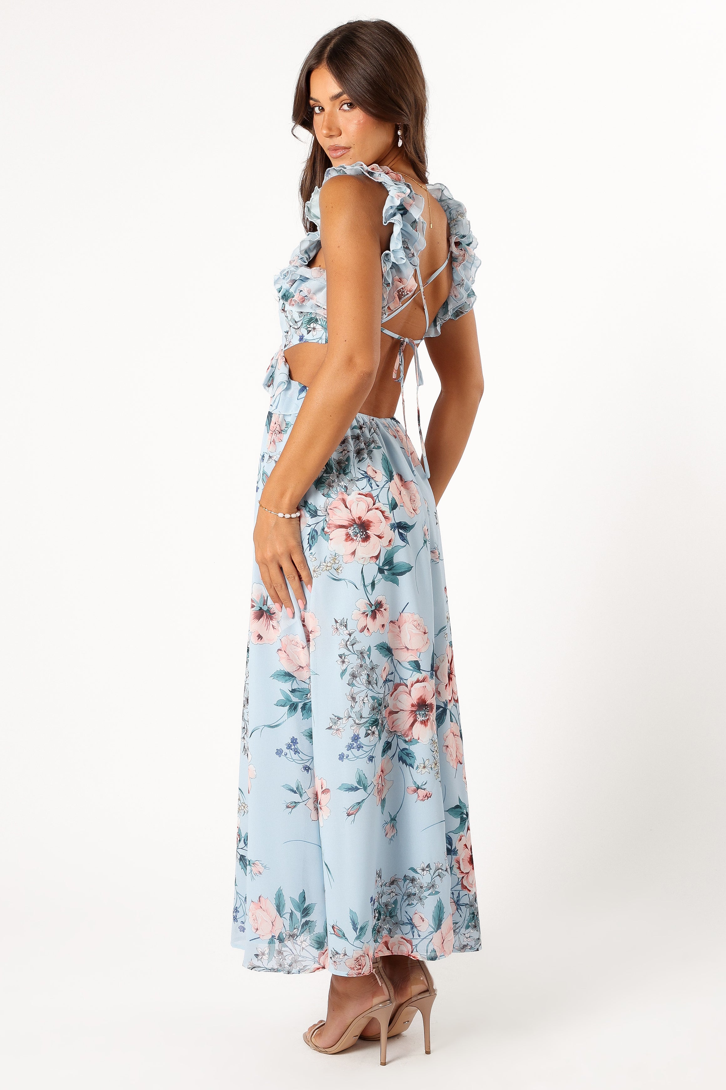 Lucah Frill Shoulder Maxi Dress - Blue Floral