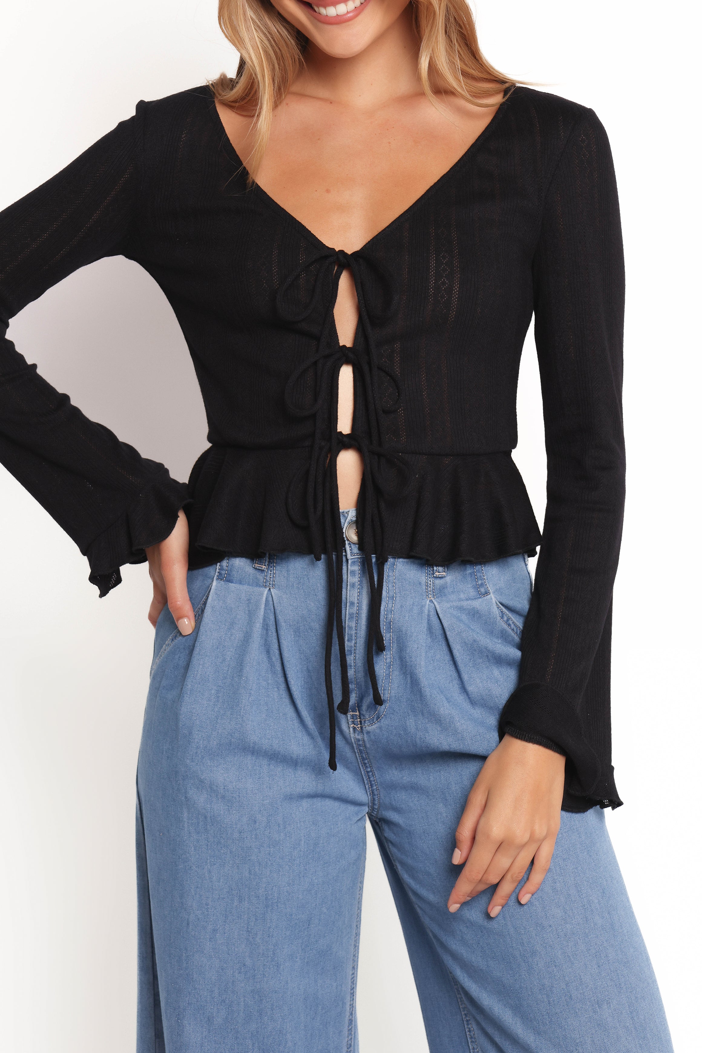 Islah Pointelle Cardigan Top - Black