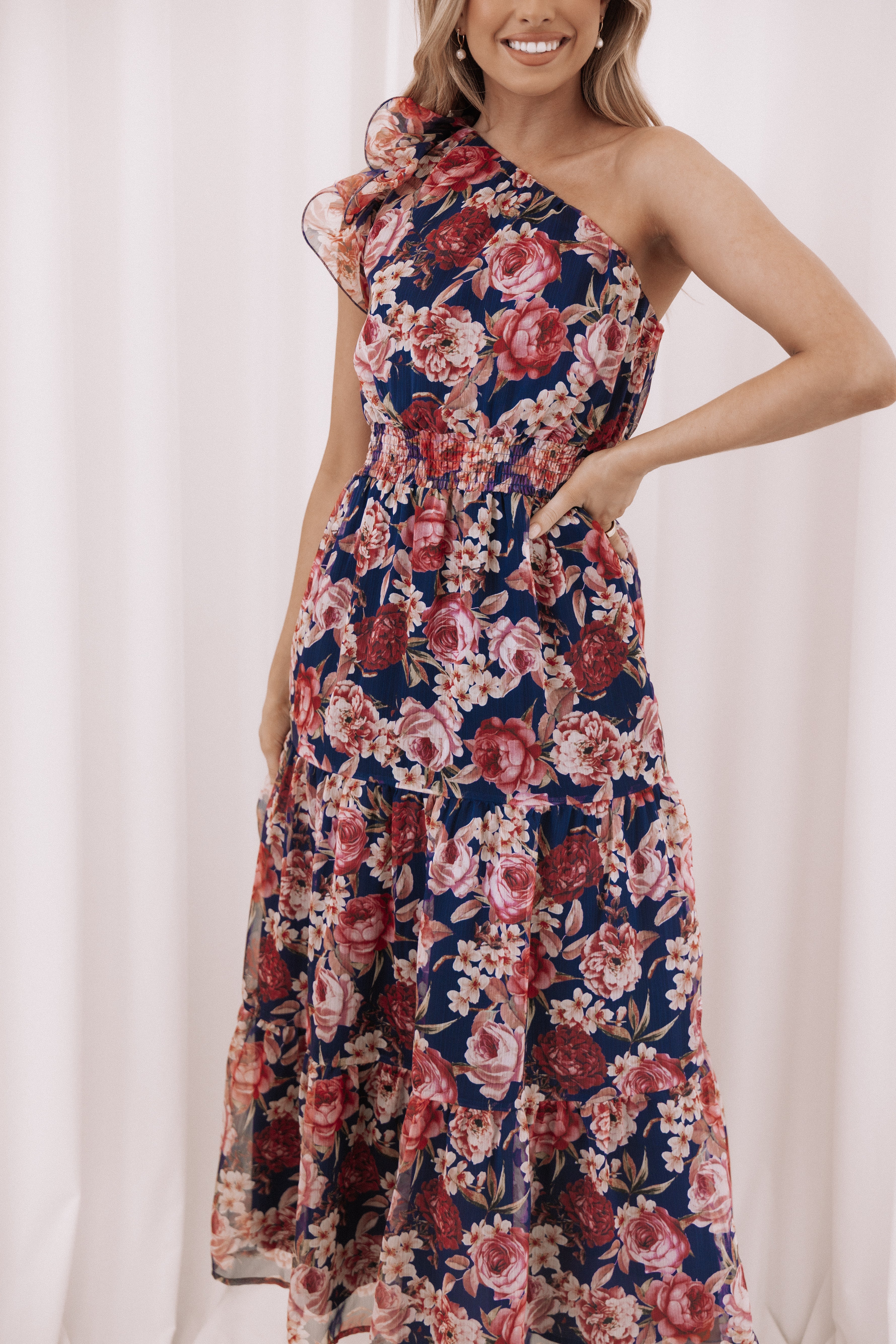 Layley One Shoulder Maxi Dress - Navy Floral