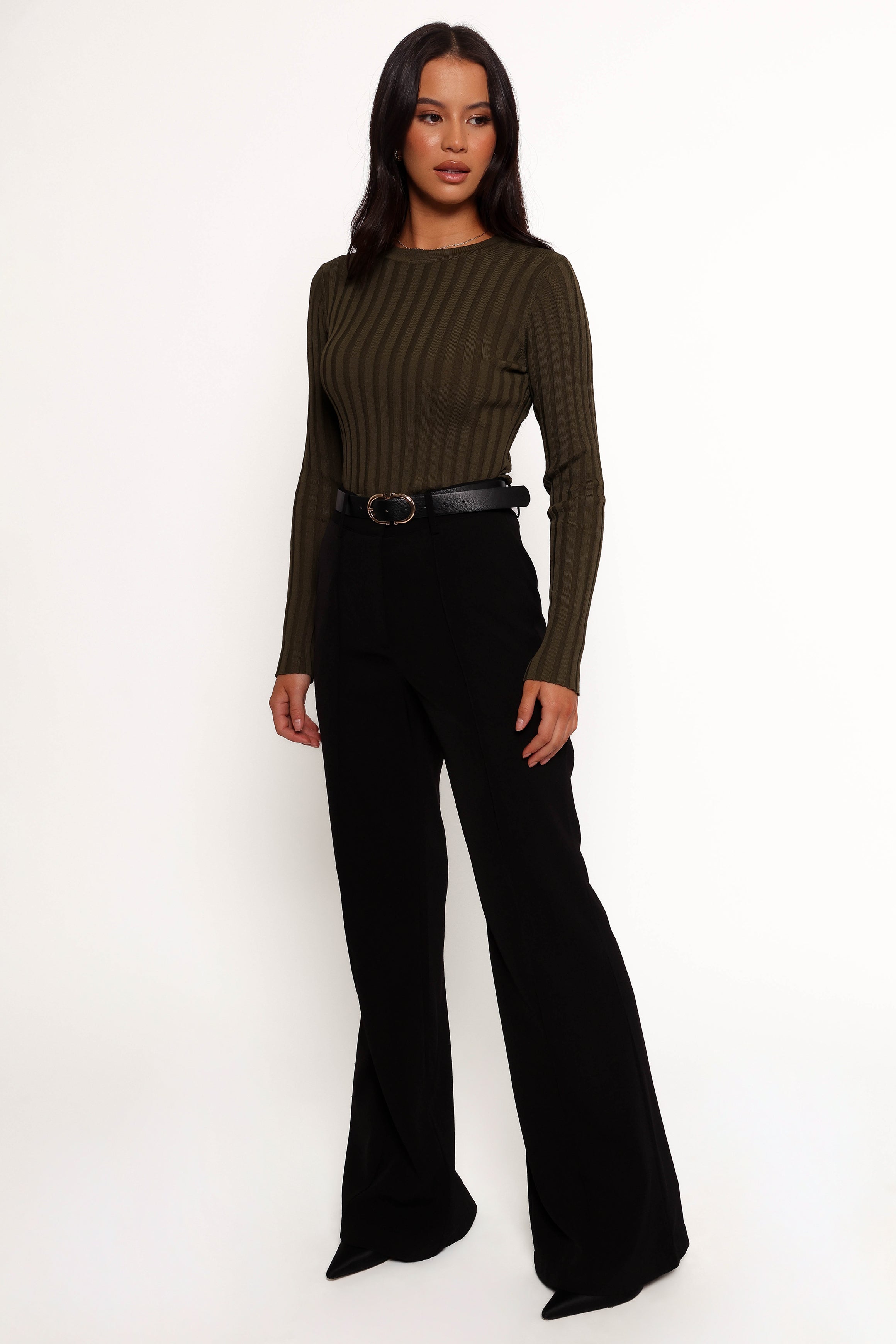 Aneesa Wide Rib Knit Top - Dark Olive