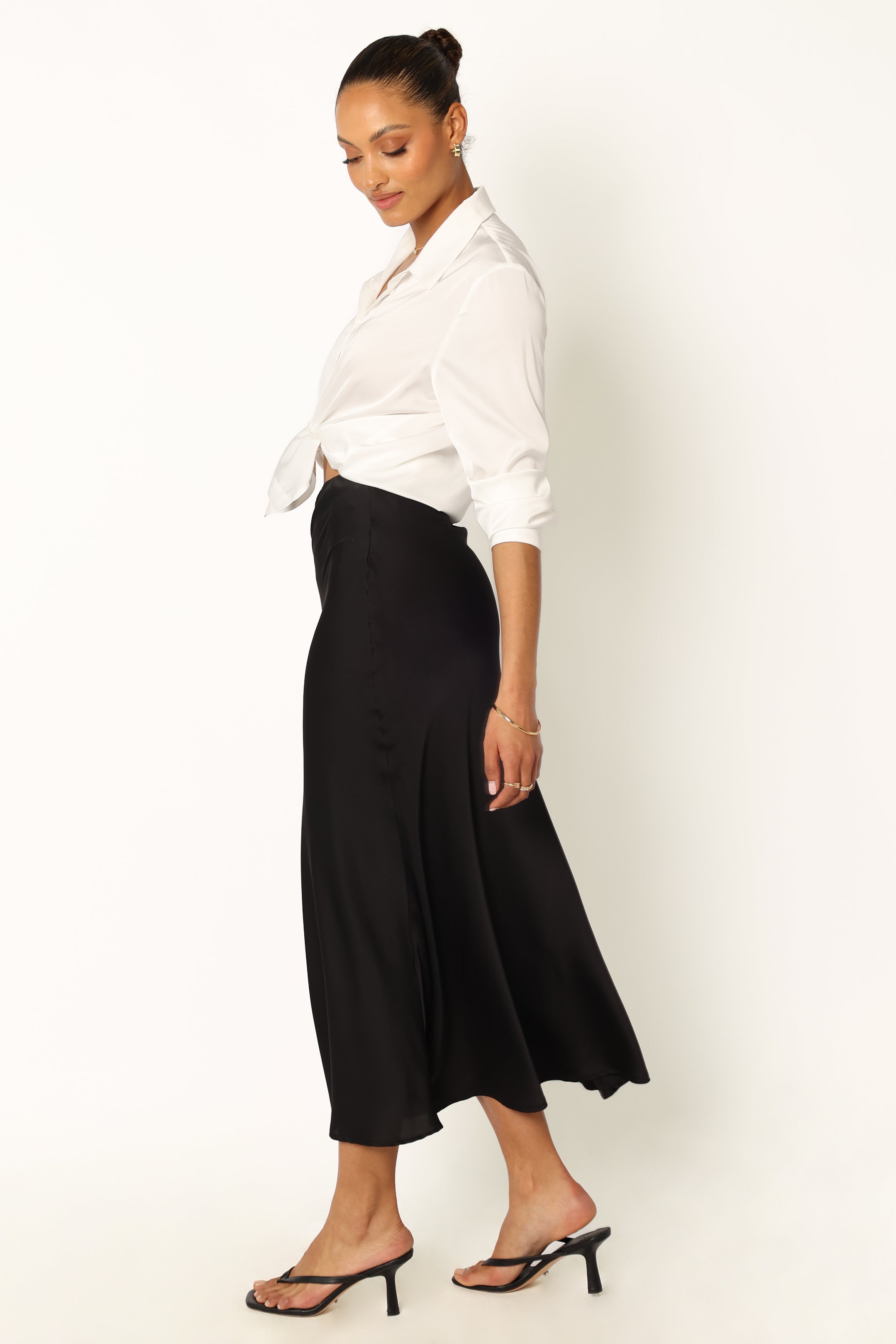 Nellie Satin Midi Skirt - Black