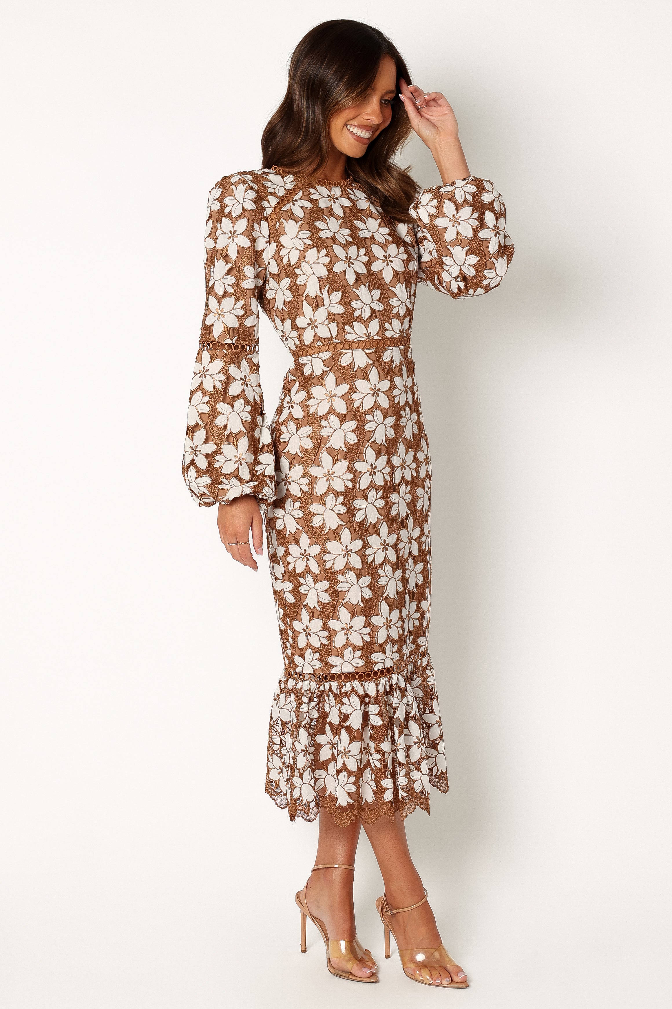 Pierre Long Sleeve Lace Maxi Dress - Mocha