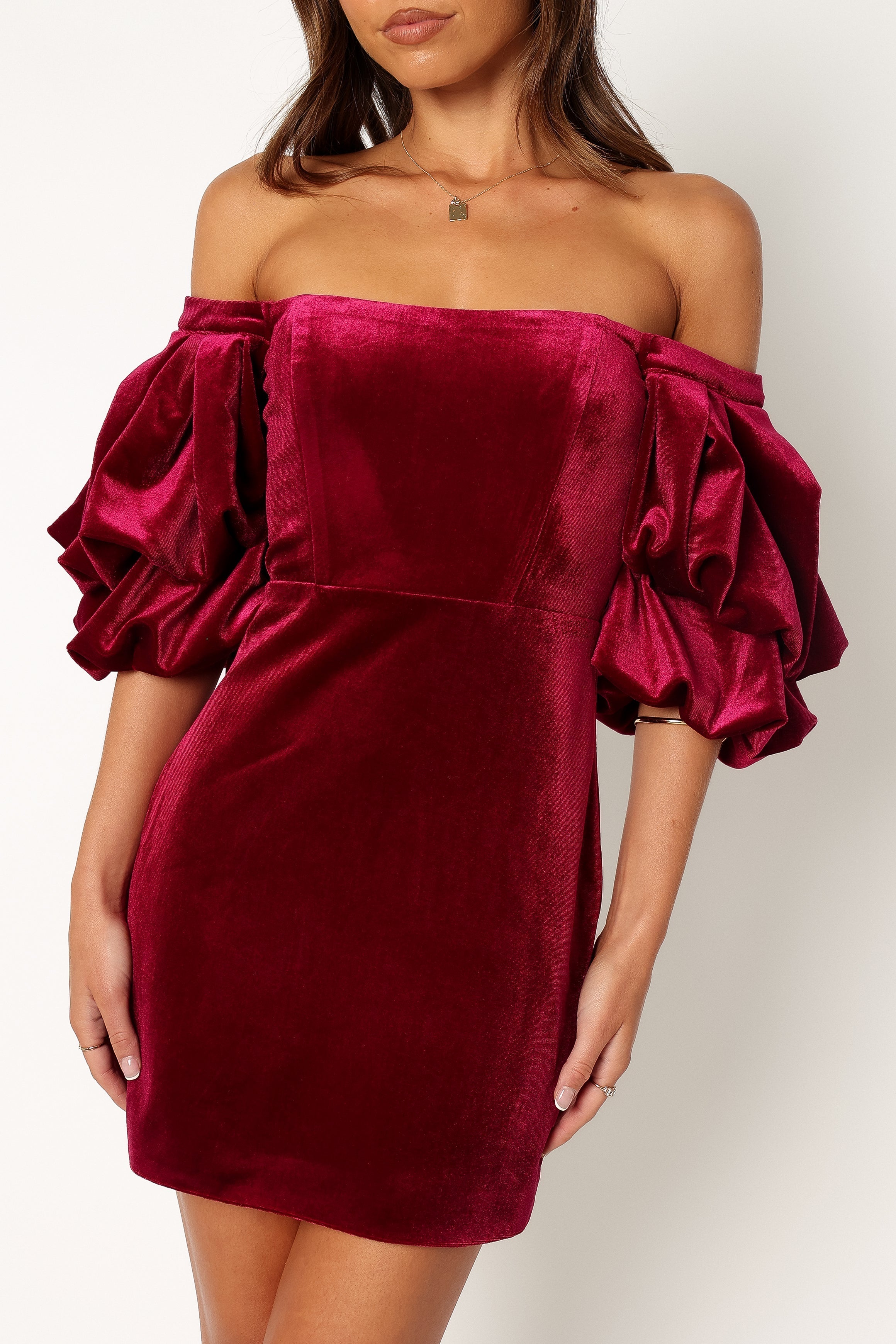 Dali Off Shoulder Velvet Mini Dress - Ruby