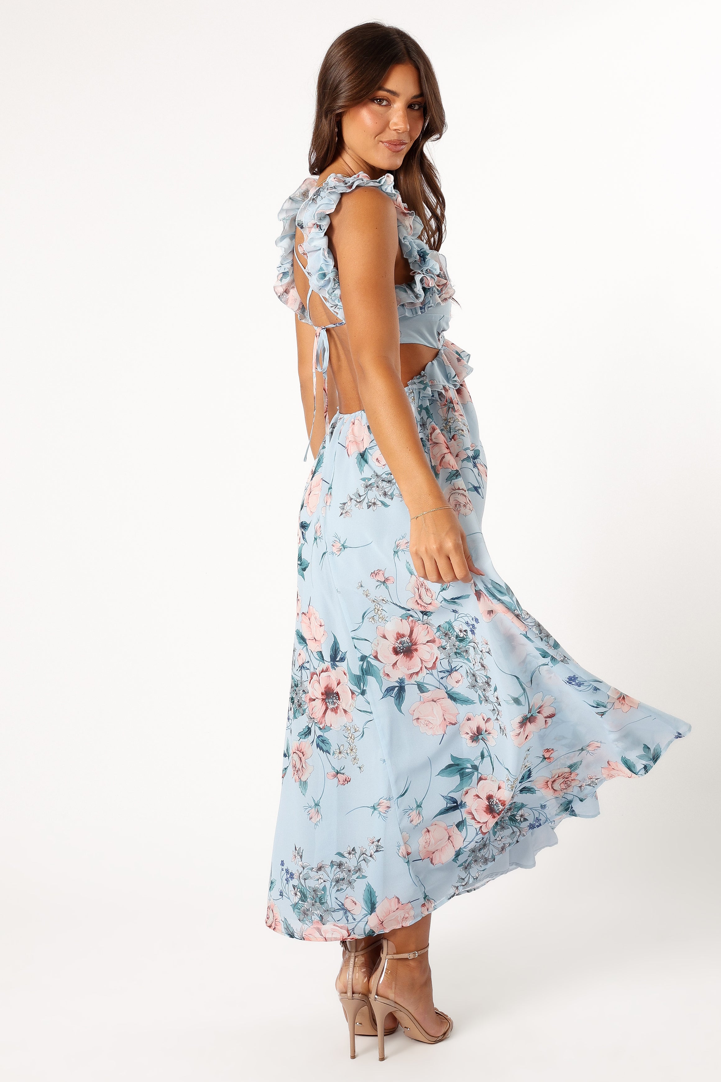 Lucah Frill Shoulder Maxi Dress - Blue Floral