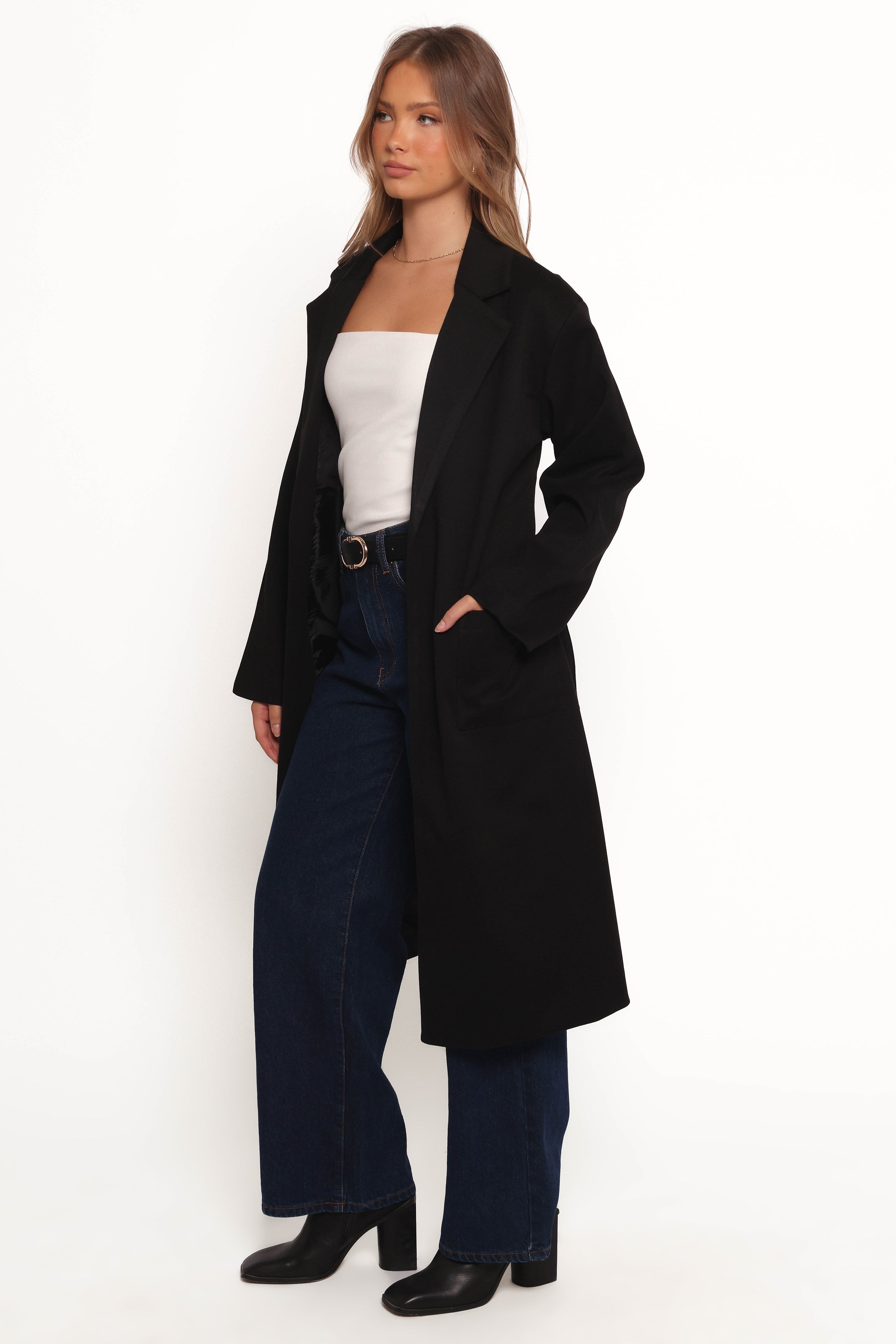 Kloss Tie Front Long Coat - Black