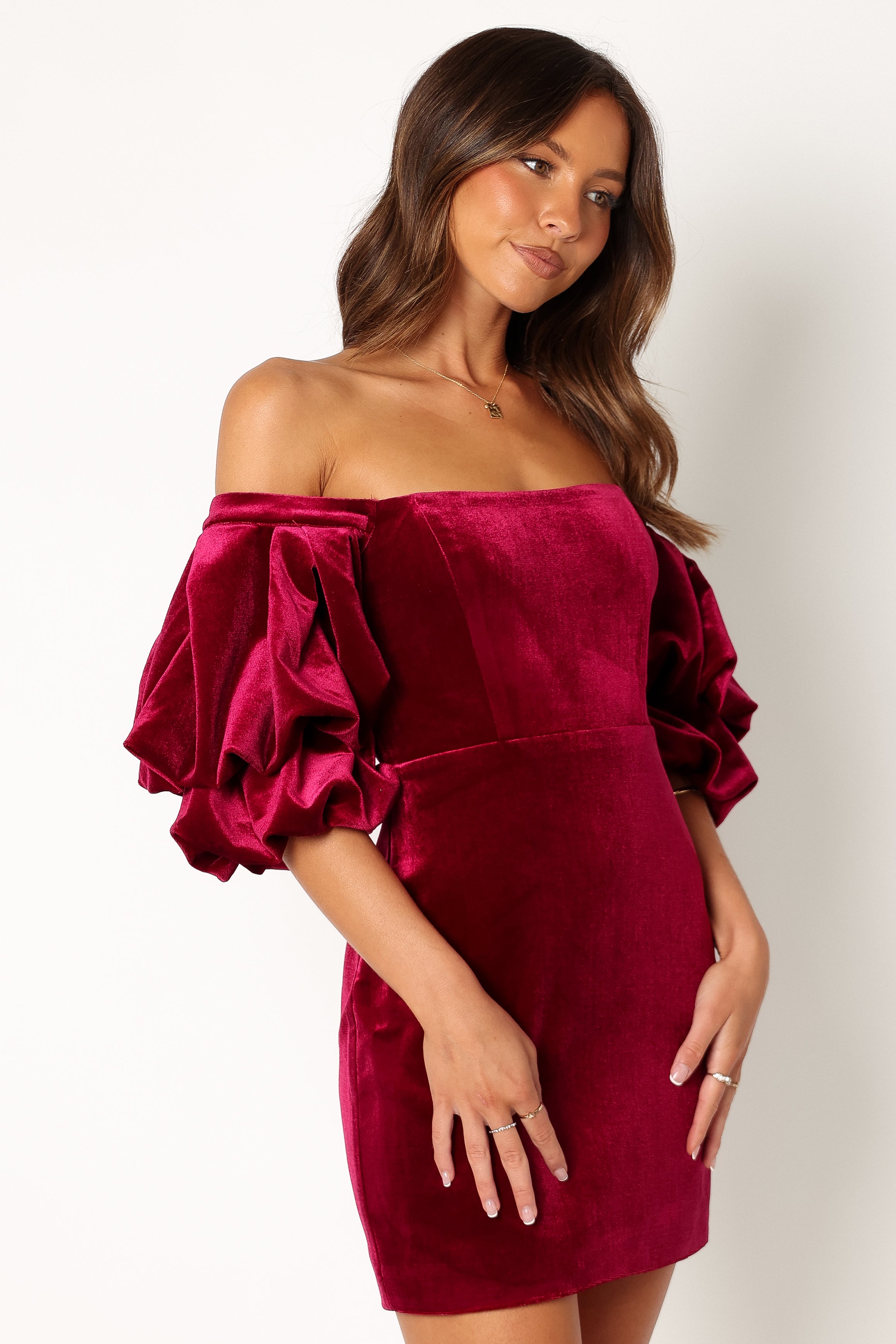 Dali Off Shoulder Velvet Mini Dress - Ruby