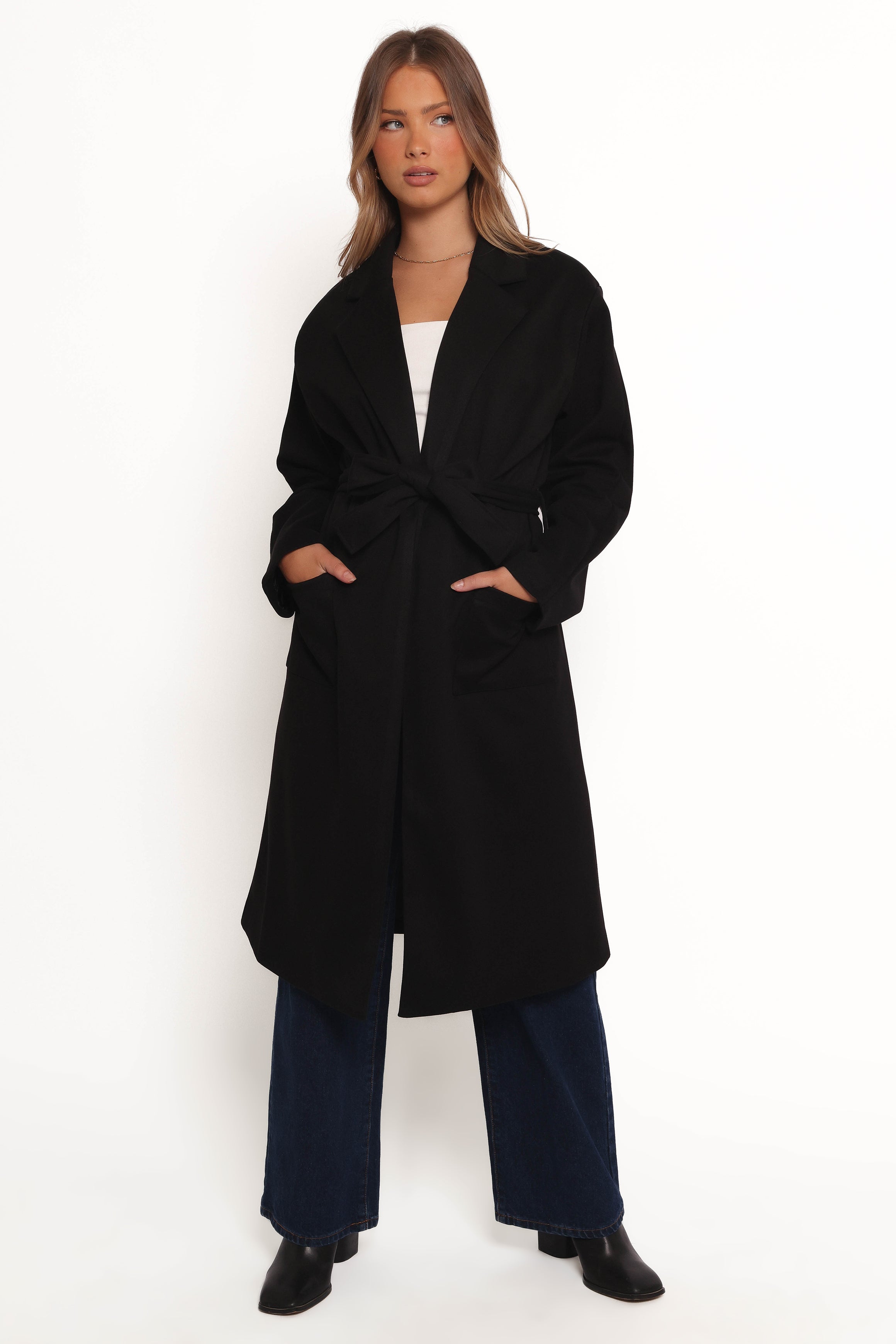 Kloss Tie Front Long Coat - Black