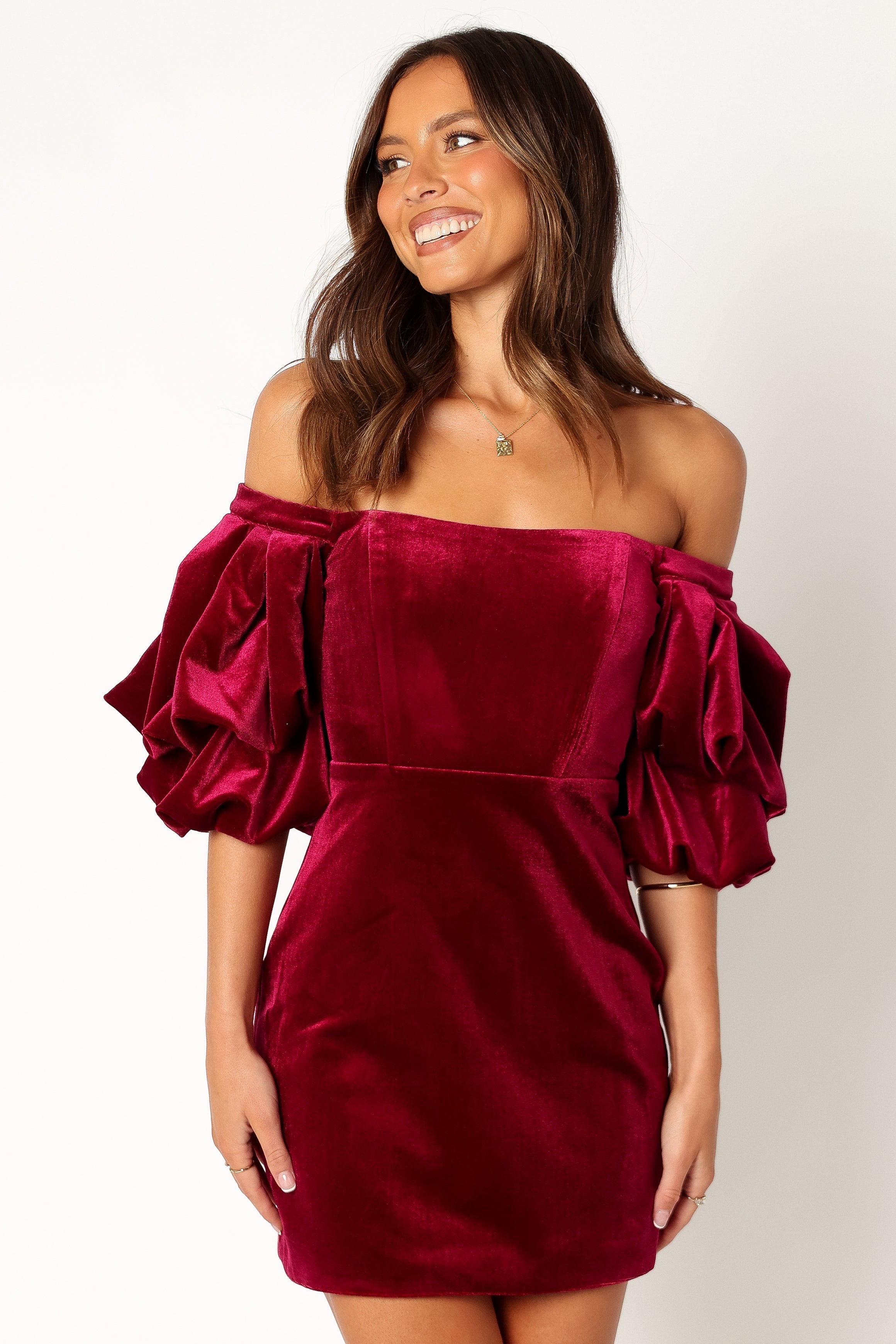 Dali Off Shoulder Velvet Mini Dress - Ruby