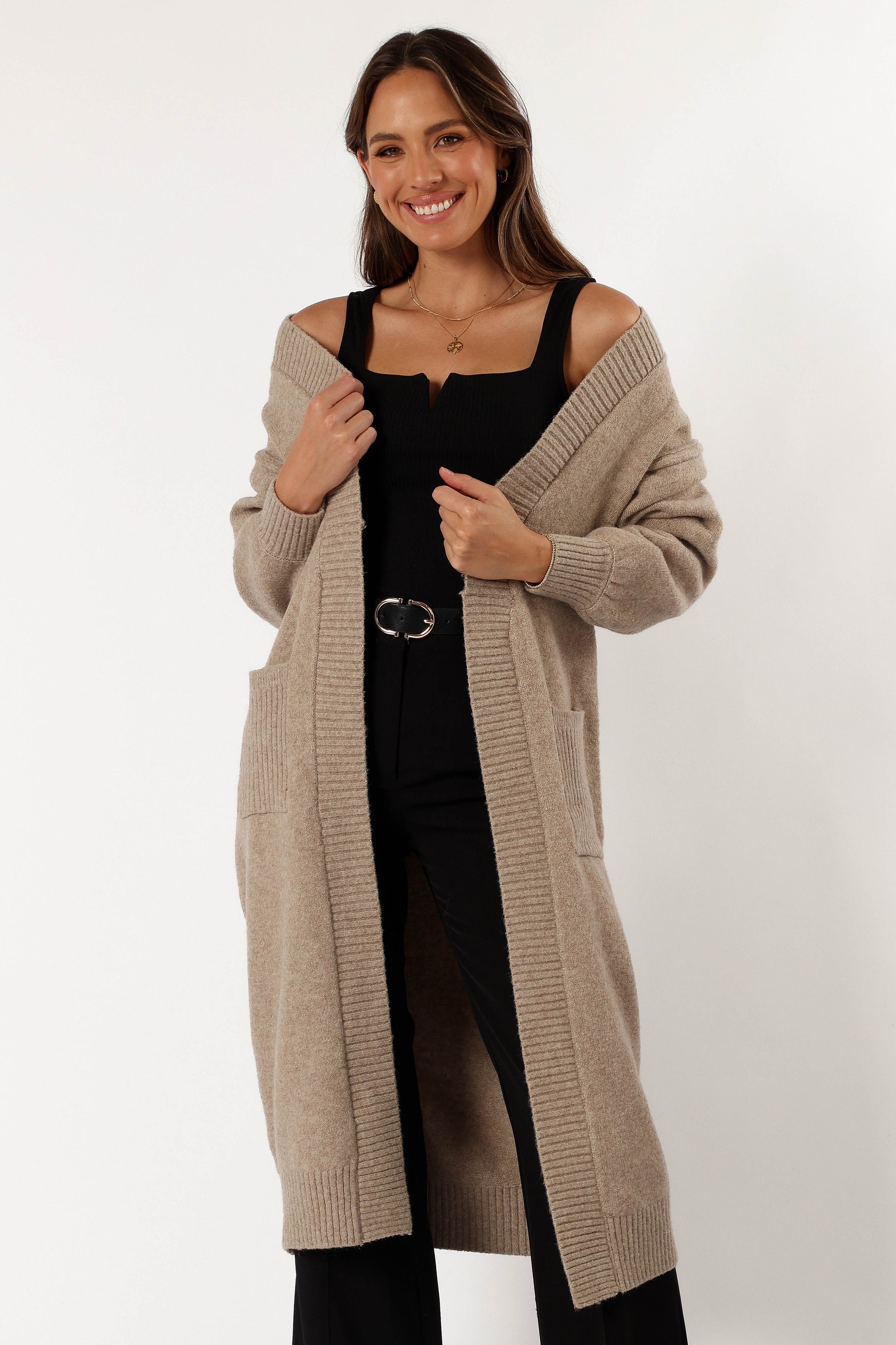 Nicolette Open Front Long Cardigan - Latte