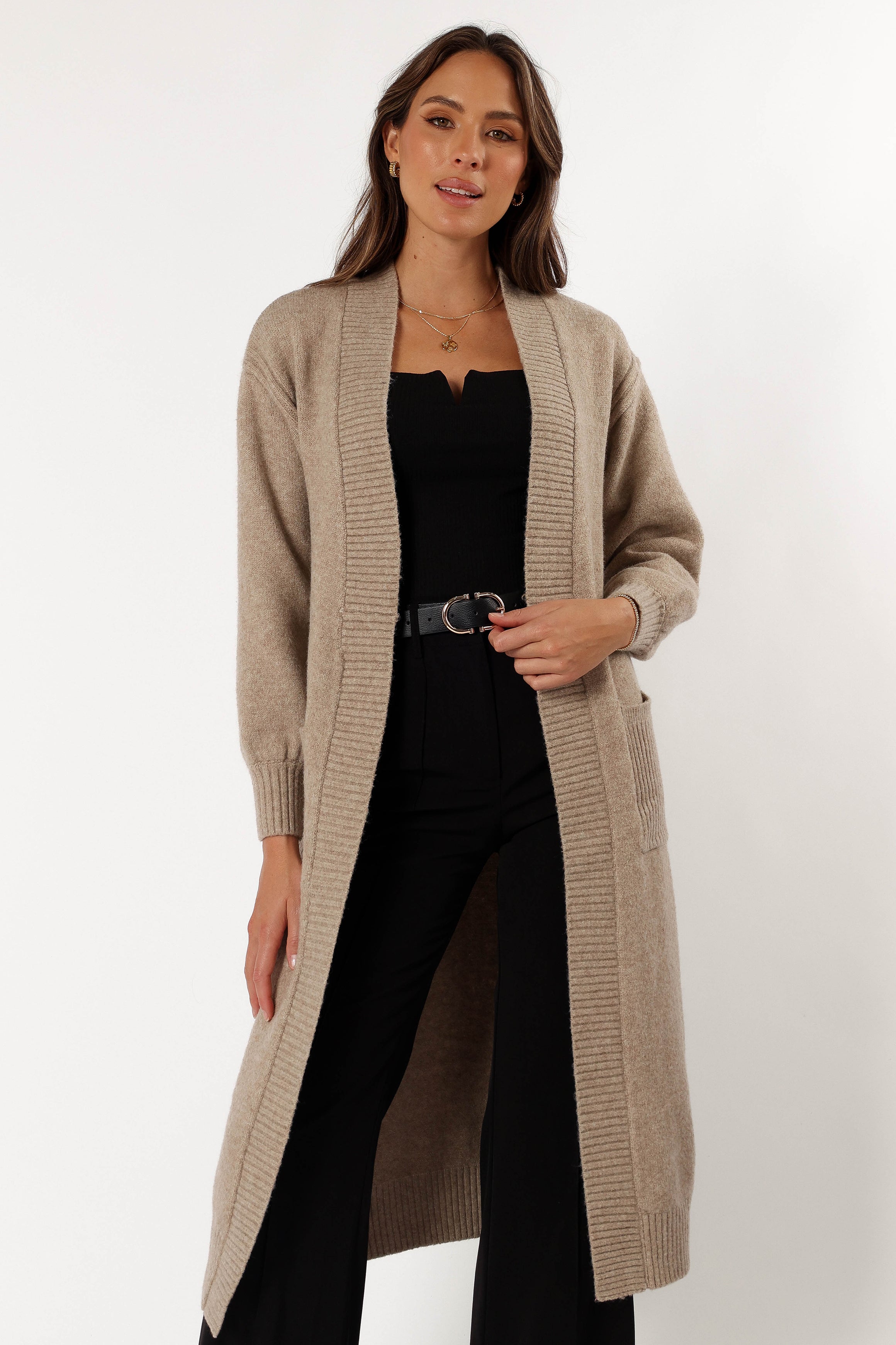 Nicolette Open Front Long Cardigan - Latte