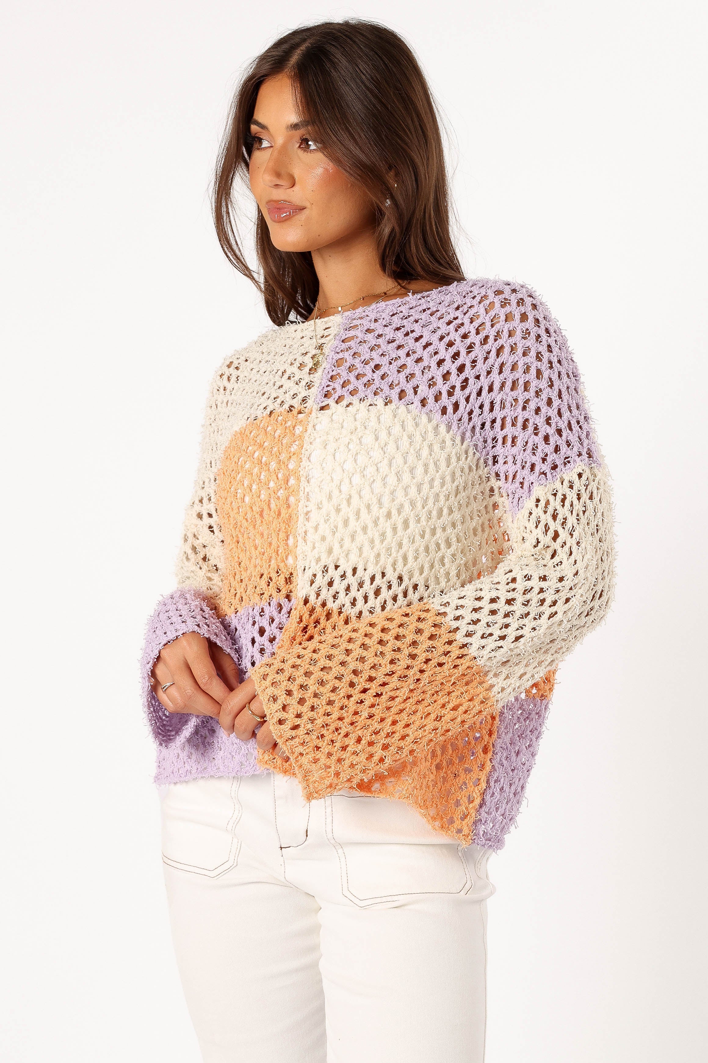 Dawn Color Block Knit Sweater - Cream Lavender