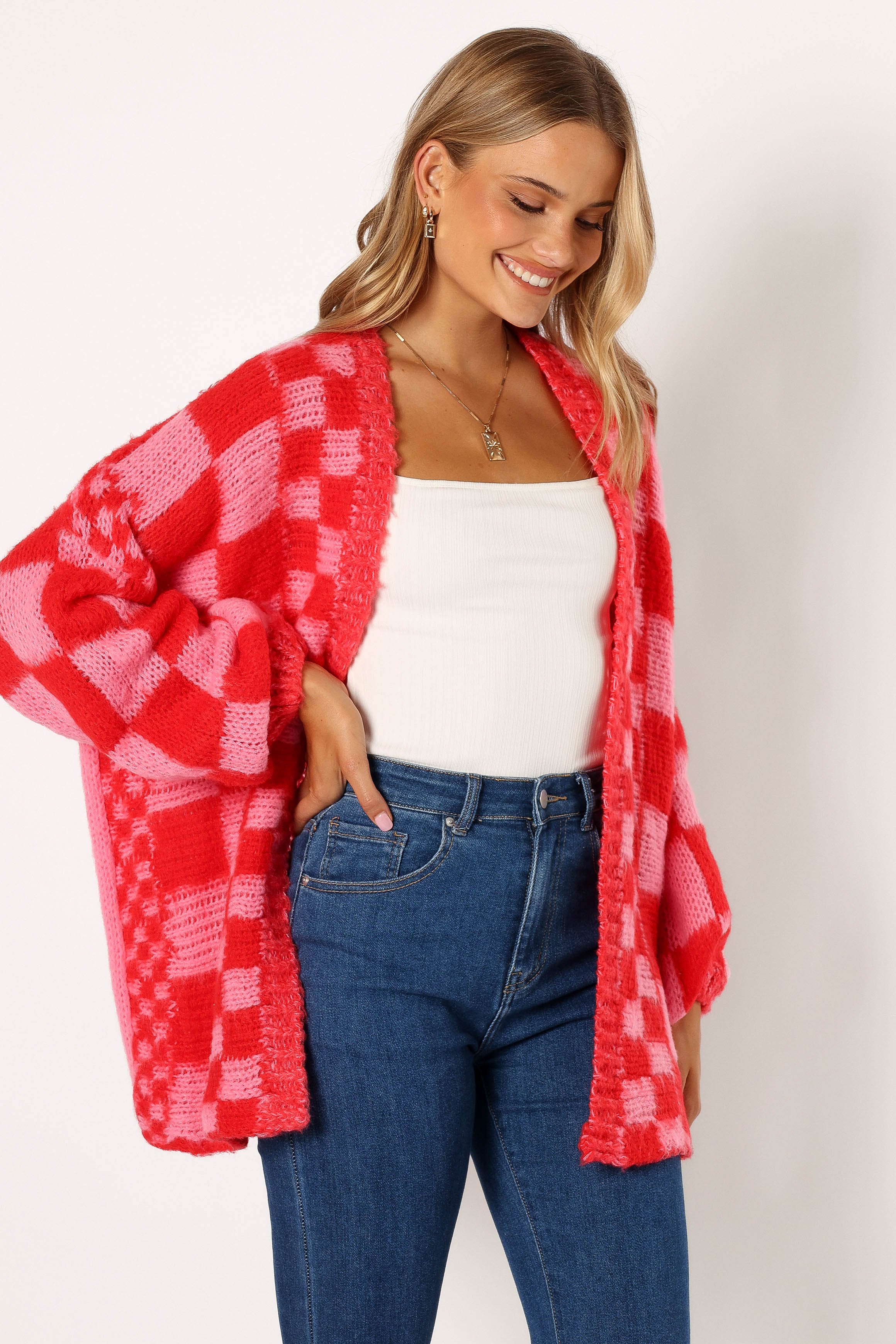 Davina Pattern Open Front Cardigan - Red/Pink