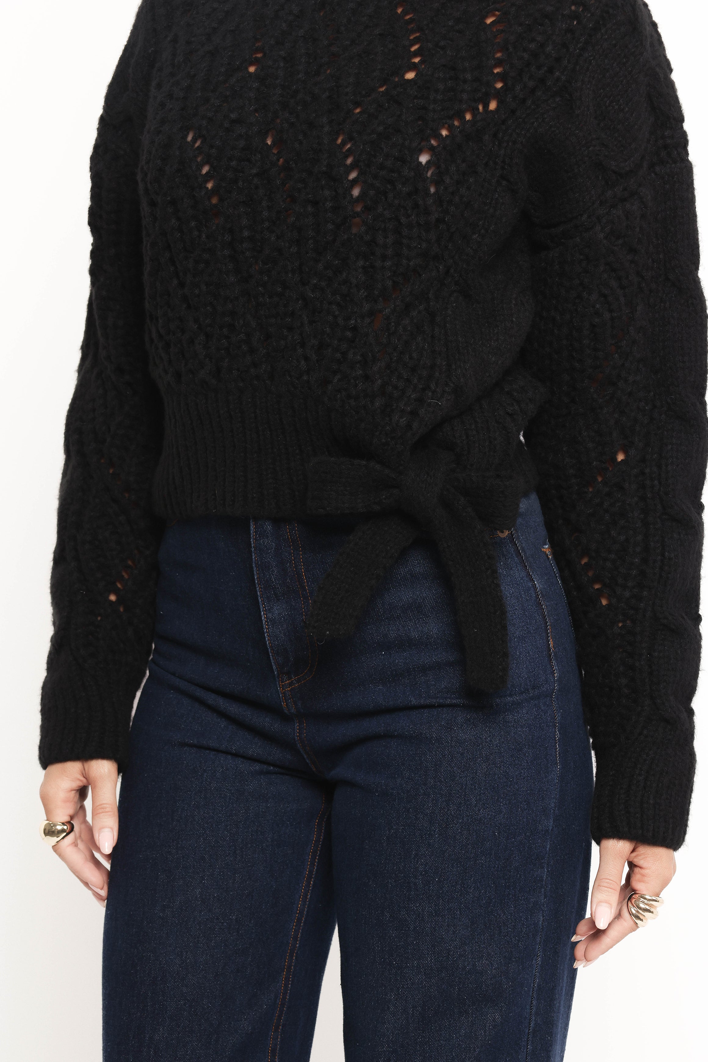 Birdie Tie Side Knit Sweater - Black