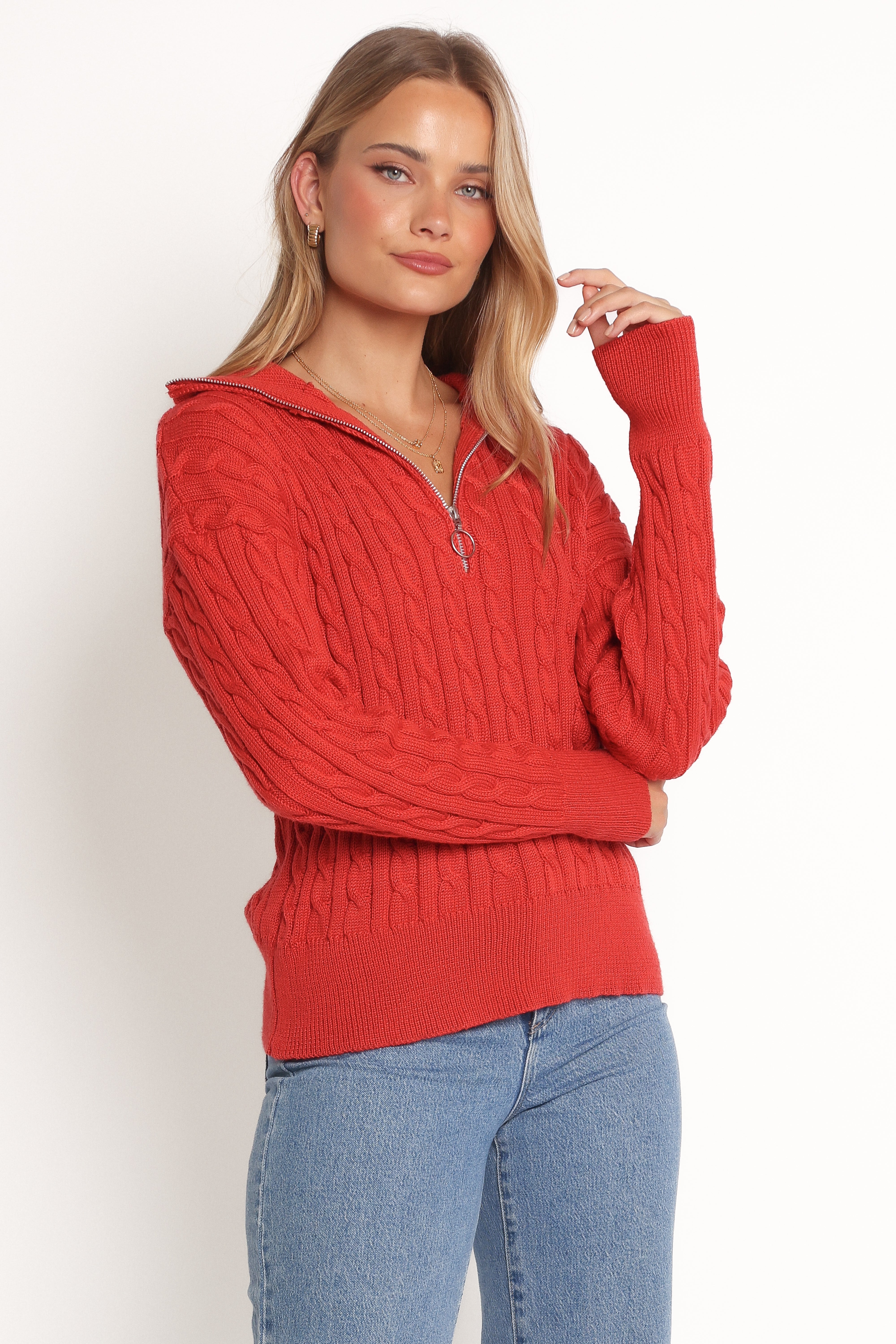 Frida Quarter Zip Knit Sweater - Red