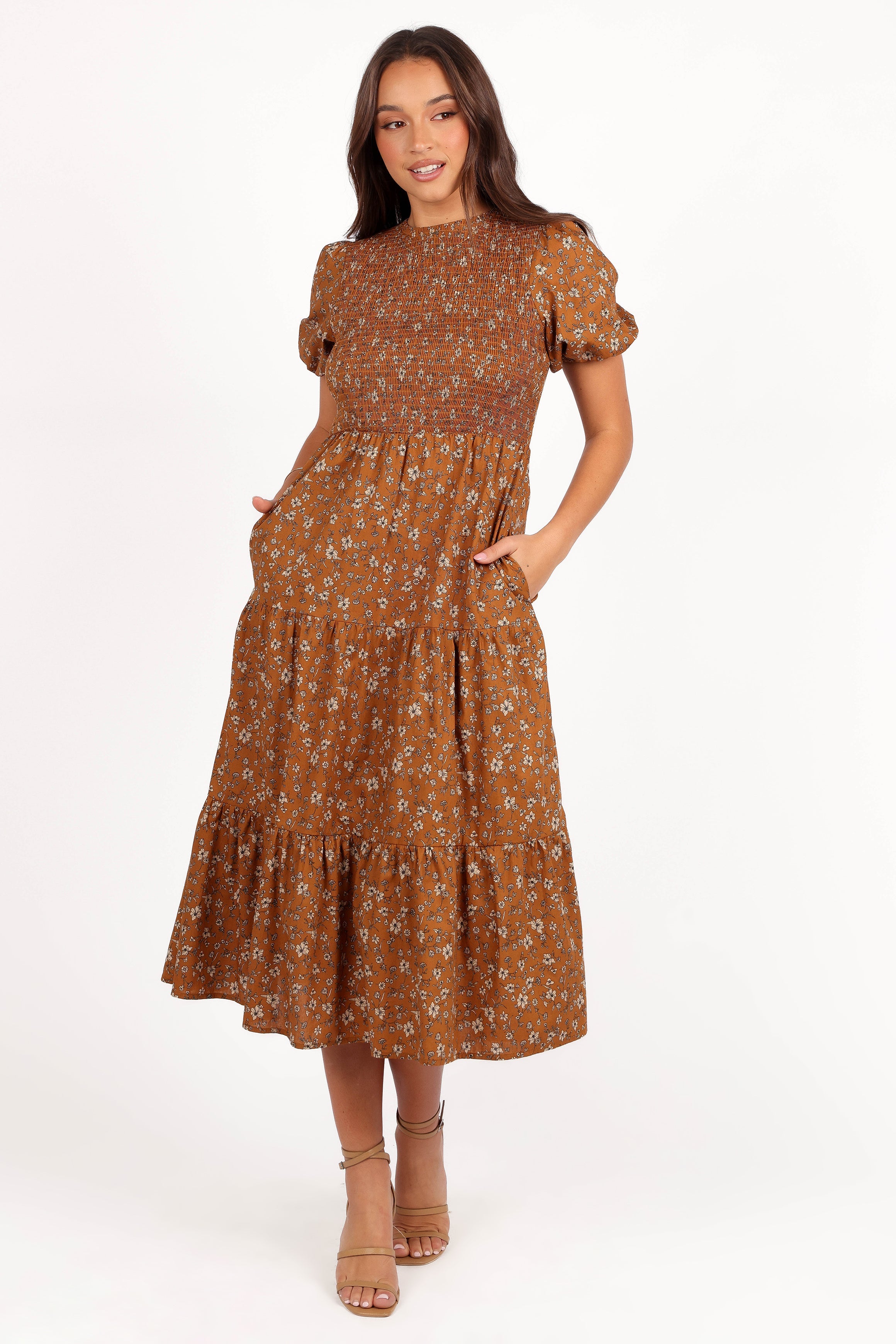 Naura Shirred Tiered Midi Dress - Cognac Floral