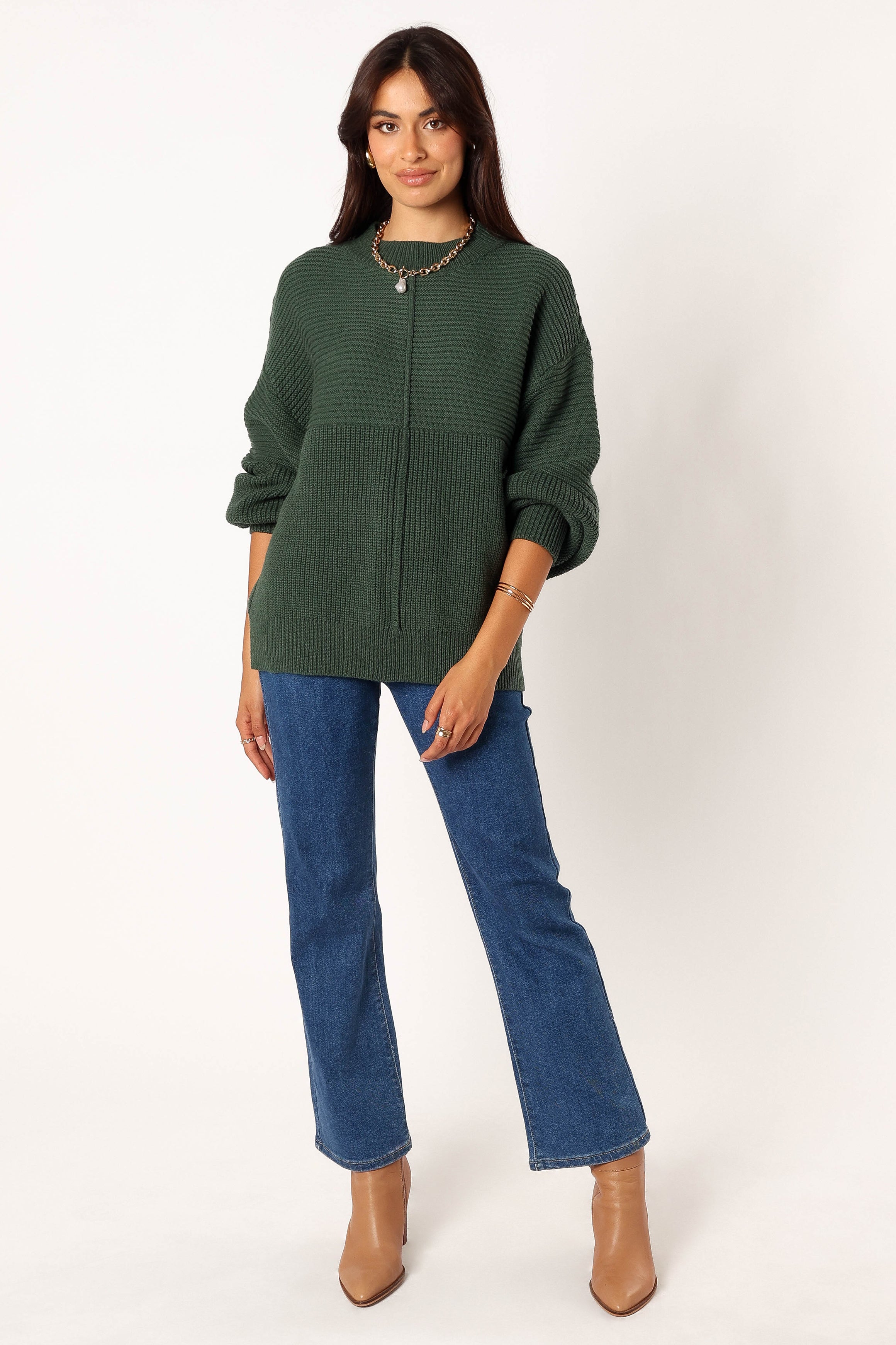 Meredith Ribbed Crewneck Knit Sweater - Green