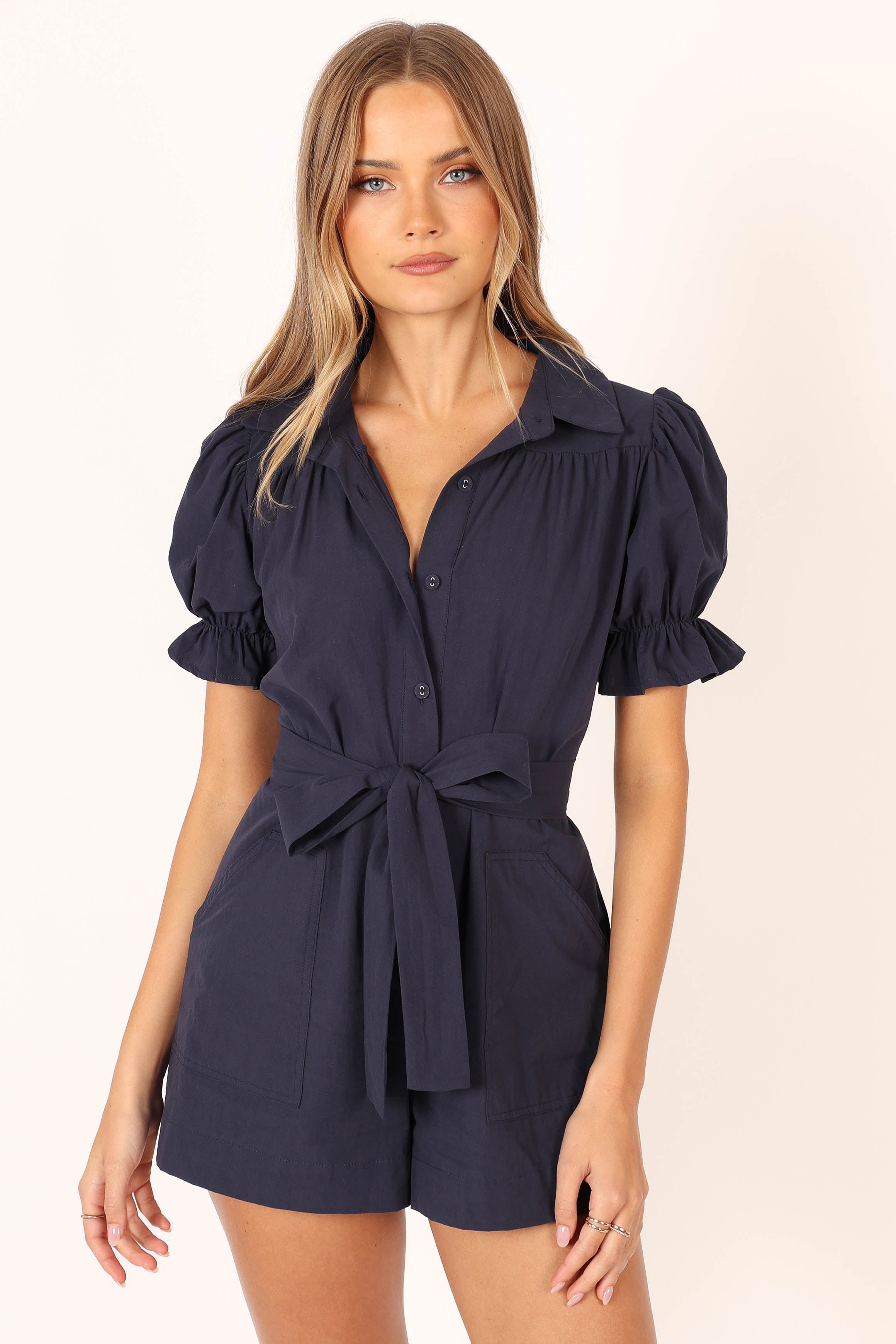 Riley Waist Tie Romper - Navy