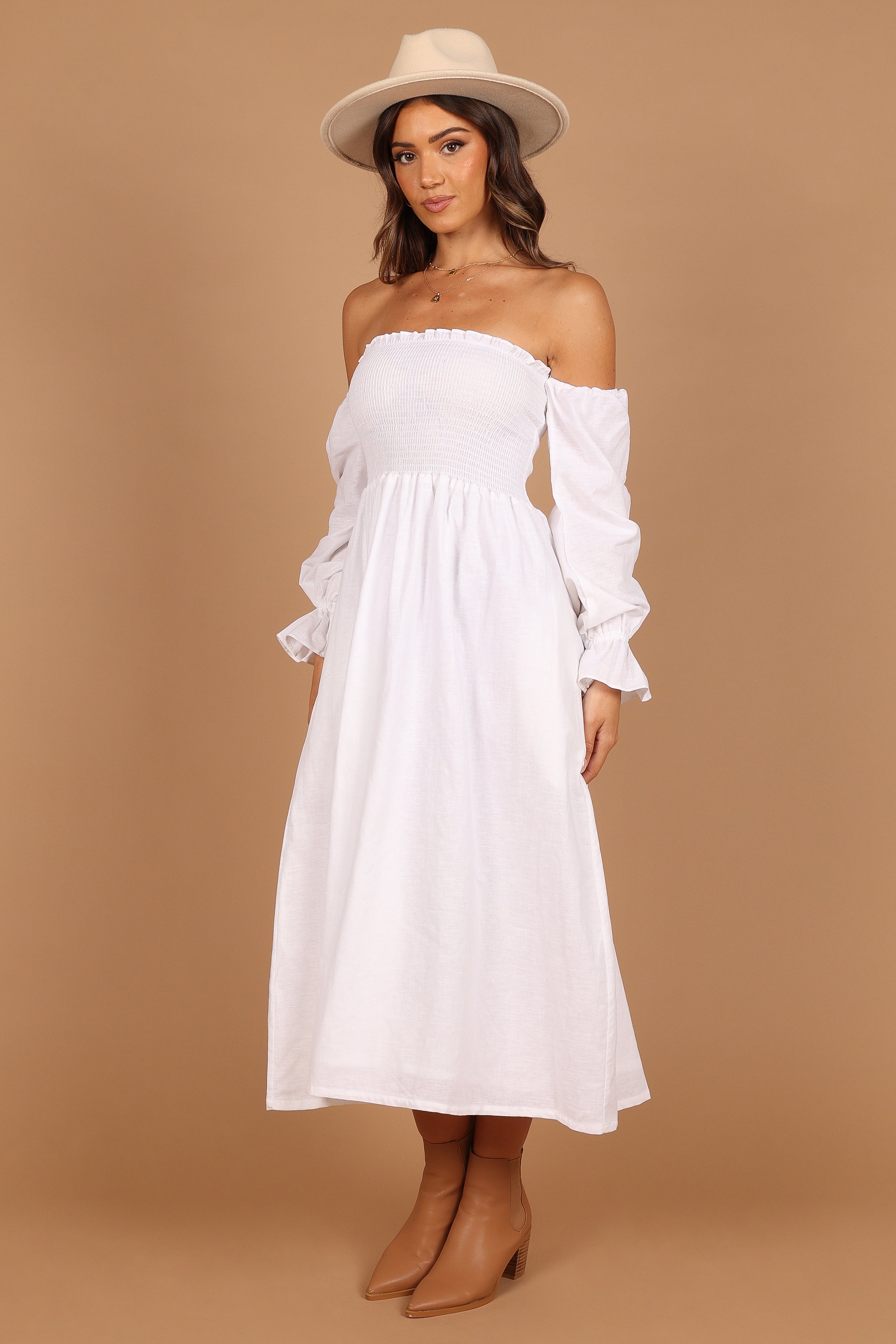 Domenica Shirred Long Sleeve Midi Dress - White