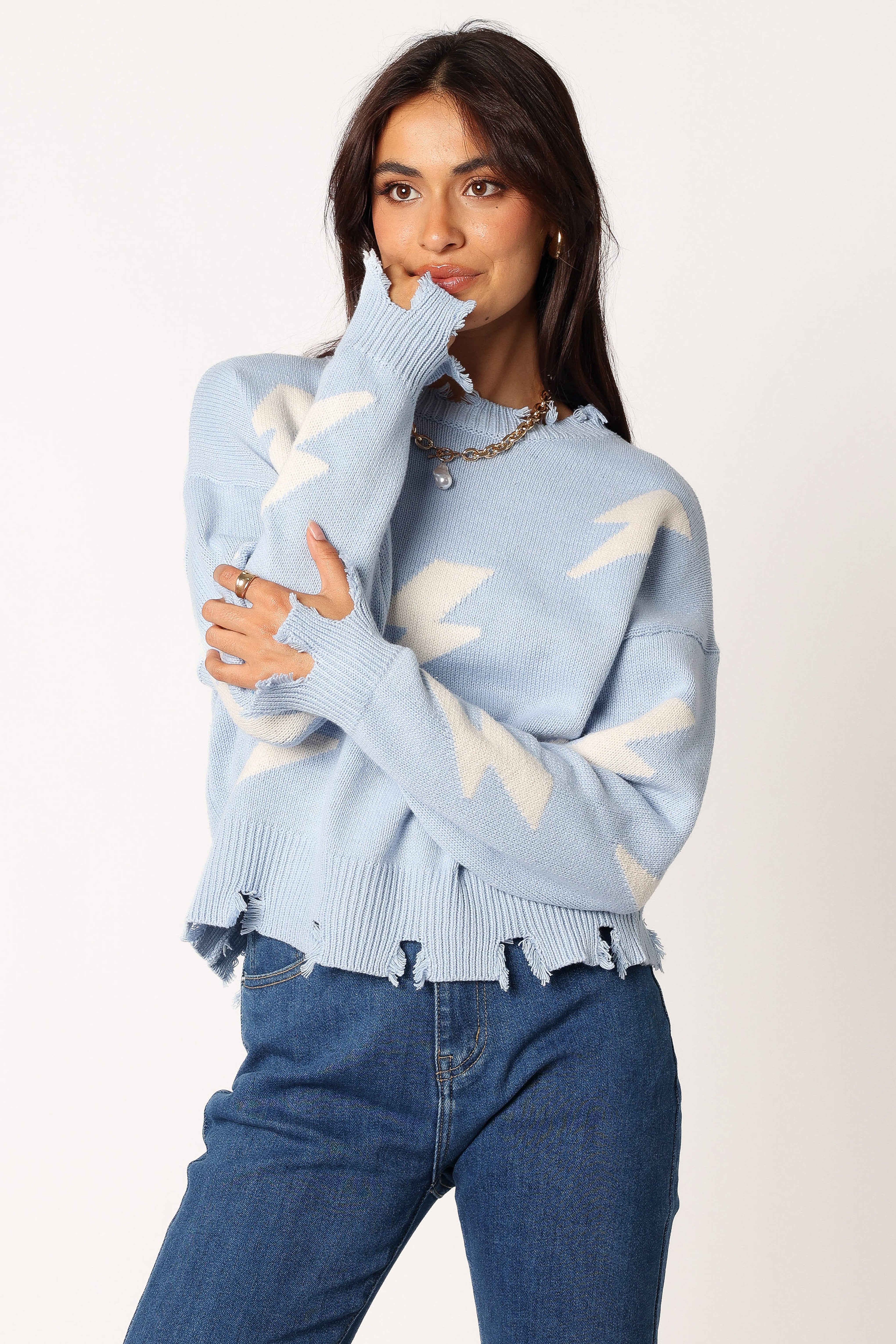 Lightning Bolt Printed Fray Detail Knit Sweater - Light Blue