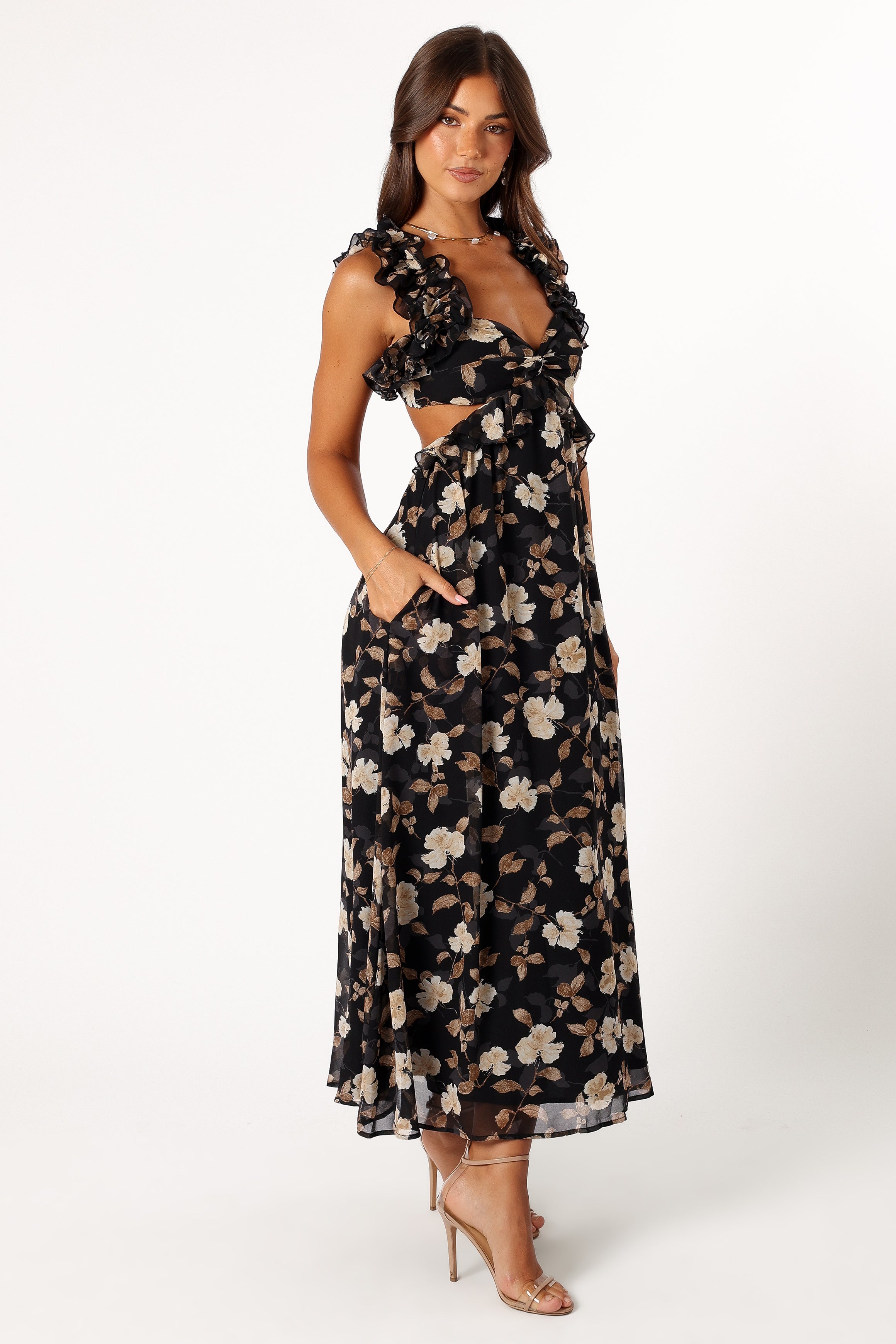 Lucah Frill Shoulder Maxi Dress - Black Floral