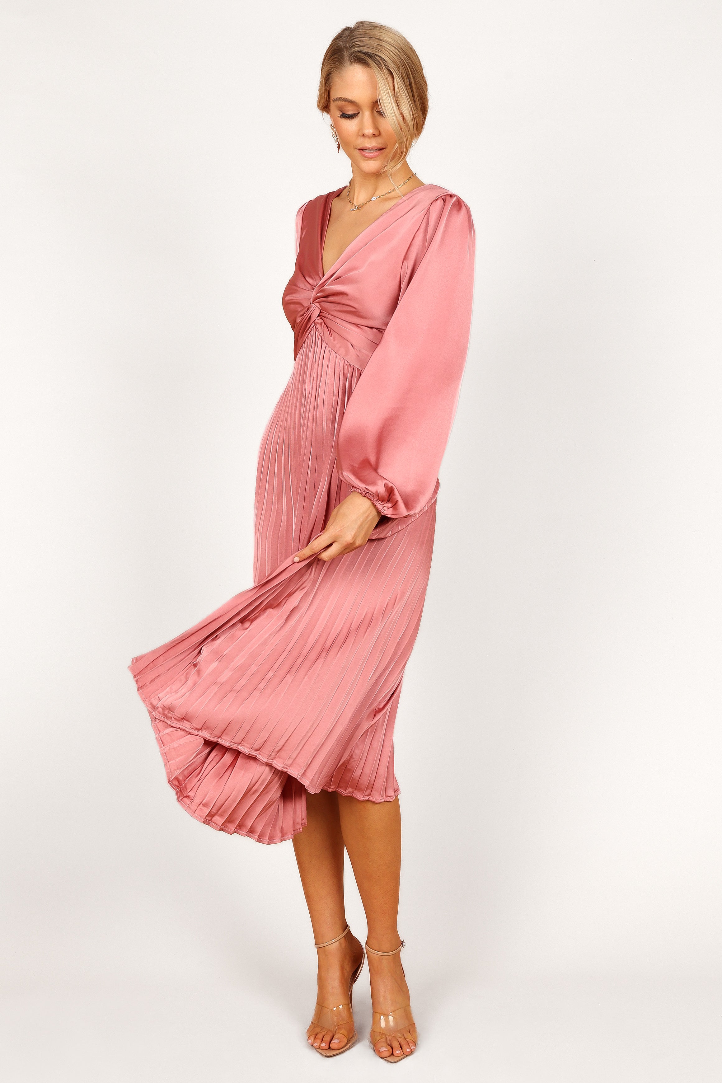 Noelle Twist Front Pleated Midi Dress - Blush